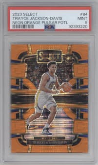 Trayce Jackson-Davis from the 2023-24 Panini Select  set featuring a Neon Orange Pulsar Prizm FOTL parallel graded by PSA and given an overall grade of 9.