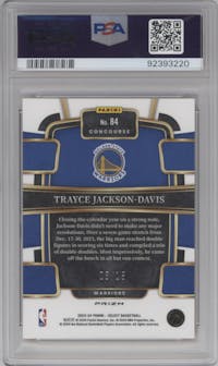 Trayce Jackson-Davis from the 2023-24 Panini Select  set featuring a Neon Orange Pulsar Prizm FOTL parallel graded by PSA and given an overall grade of 9.