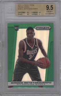 Giannis Antetokounmpo from the 2013-14 Panini Prizm set featuring a Green Prizm parallel graded by Beckett and given an overall grade of 9.5.