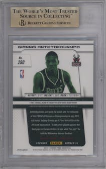 Giannis Antetokounmpo from the 2013-14 Panini Prizm set featuring a Green Prizm parallel graded by Beckett and given an overall grade of 9.5.
