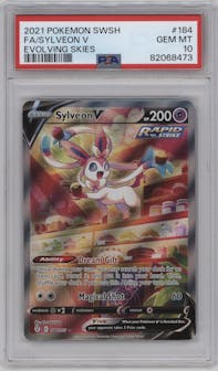 Sylveon V from the 2021 Pokemon SWSH set graded by PSA and given an overall grade of 10.
