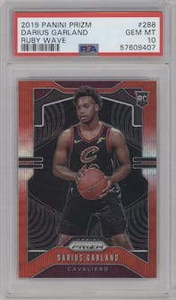 Darius Garland from the 2019-20 Panini Prizm set featuring a Ruby Wave parallel graded by PSA and given an overall grade of 10.