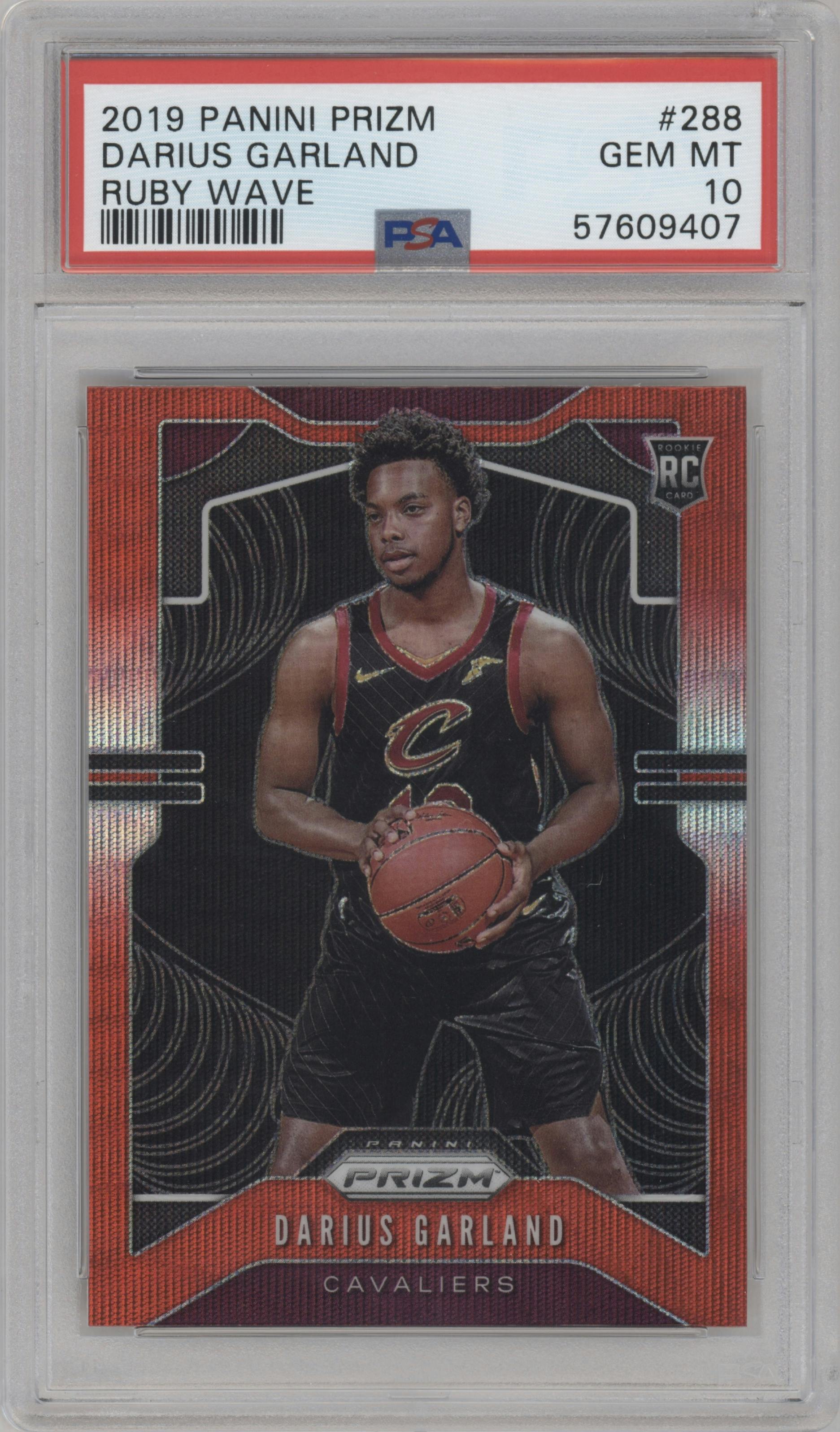 Darius Garland from the 2019-20 Panini Prizm set featuring a Ruby Wave parallel graded by PSA and given an overall grade of 10.