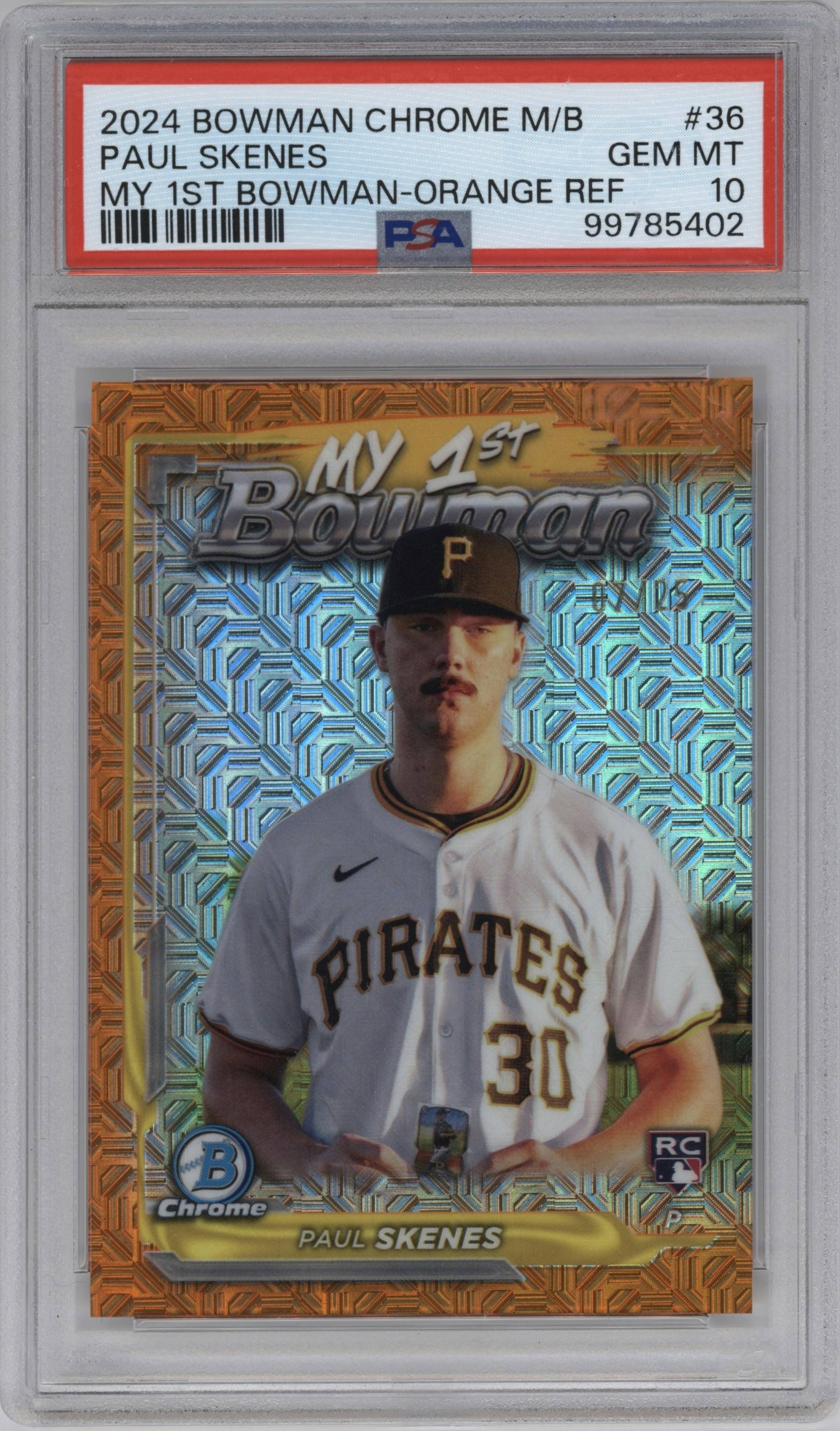 Paul Skenes from the 2024 Bowman Chrome Mega Box set featuring a Orange Refractor parallel graded by PSA and given an overall grade of 10.