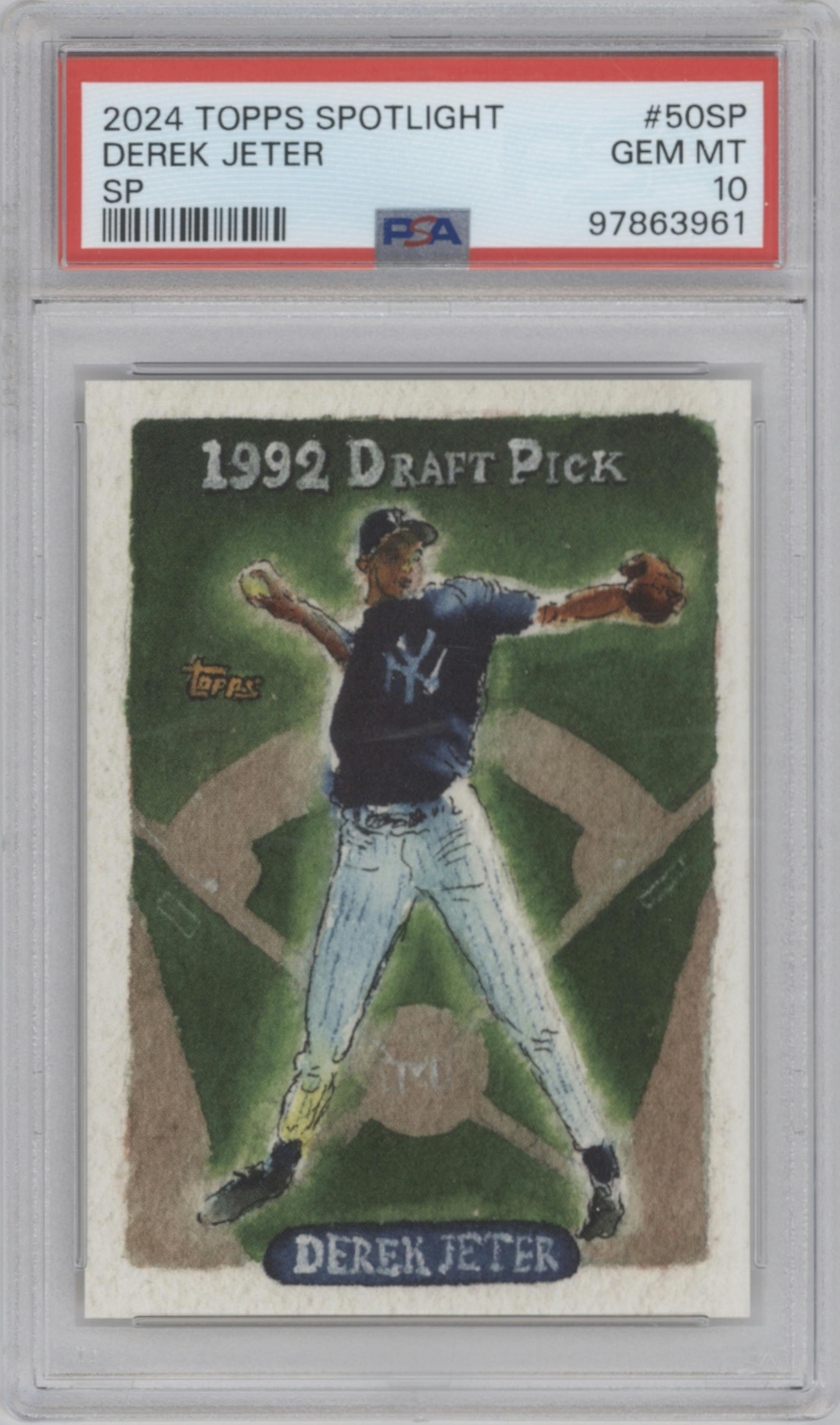 Derek Jeter from the 2024 Topps Spotlight by Andy Friedman set graded by PSA and given an overall grade of 10.