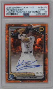 Konnor Griffin from the 2024 Bowman Draft Sapphire Edition set featuring a Orange parallel graded by PSA and given an overall grade of 10.