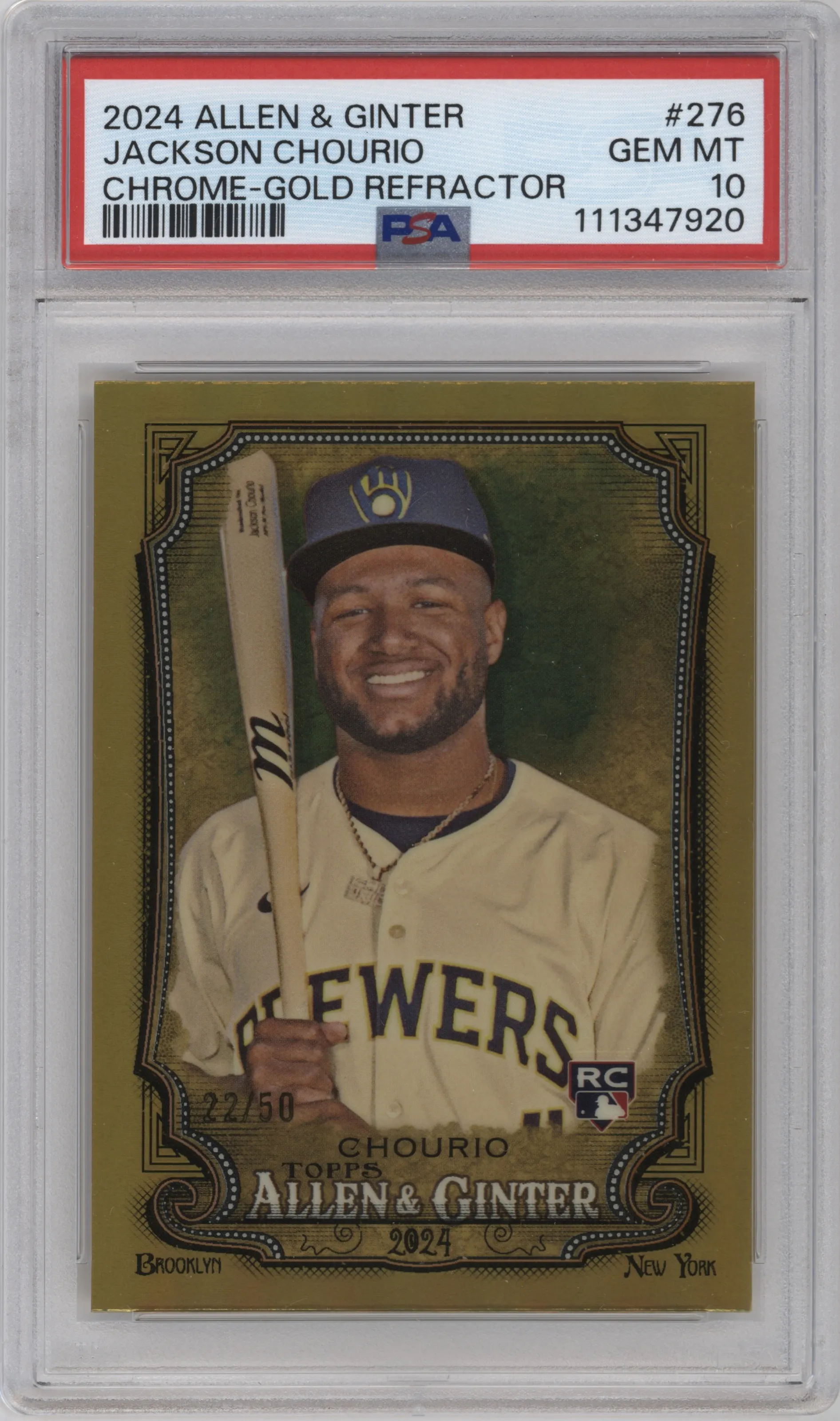 2024 Topps Allen & Ginter Chrome Jackson Chourio Gold Refractor #276 PSA 10