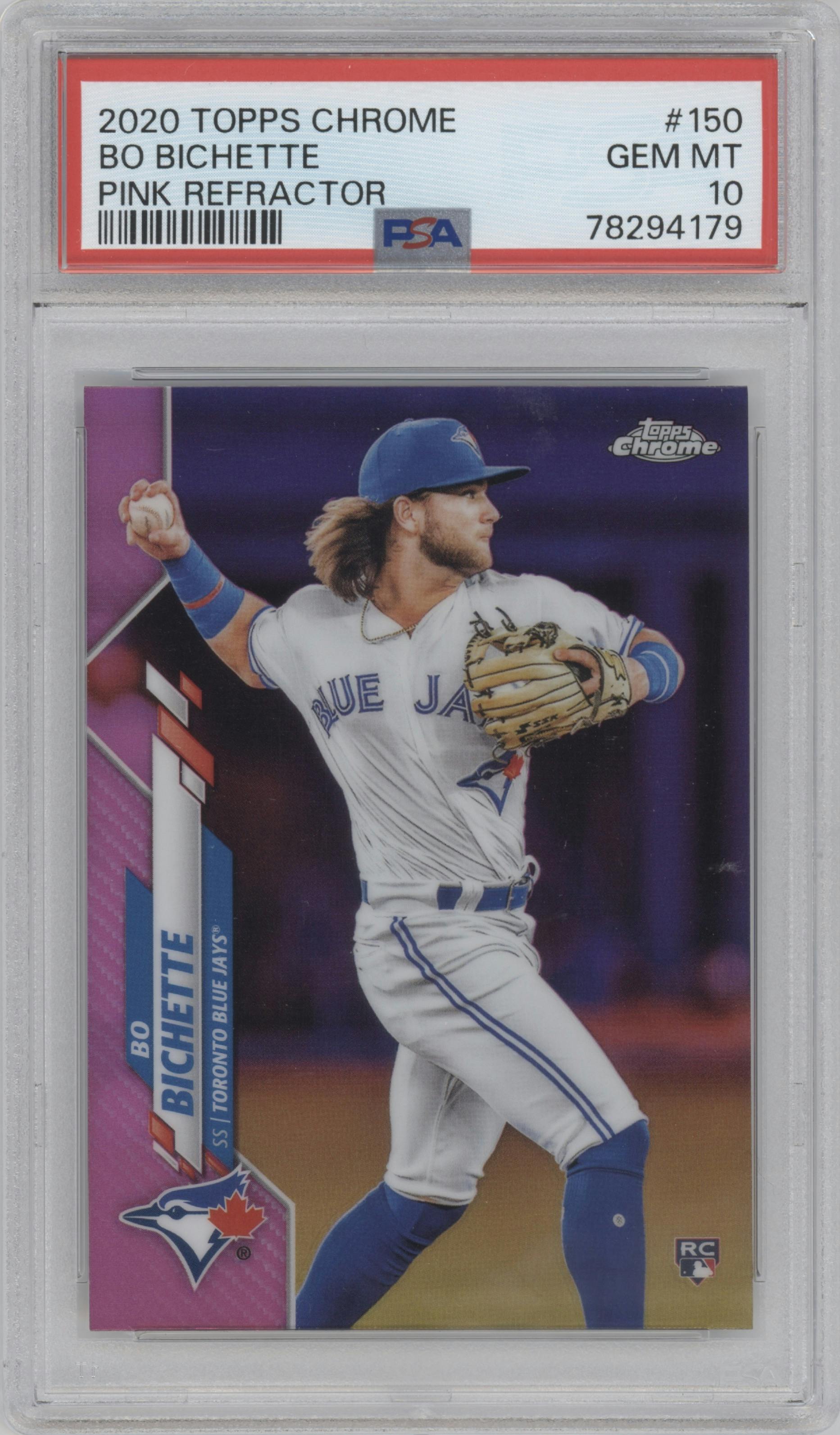 Bo Bichette from the 2020 Topps Chrome set featuring a Pink Refractor parallel graded by PSA and given an overall grade of 10.