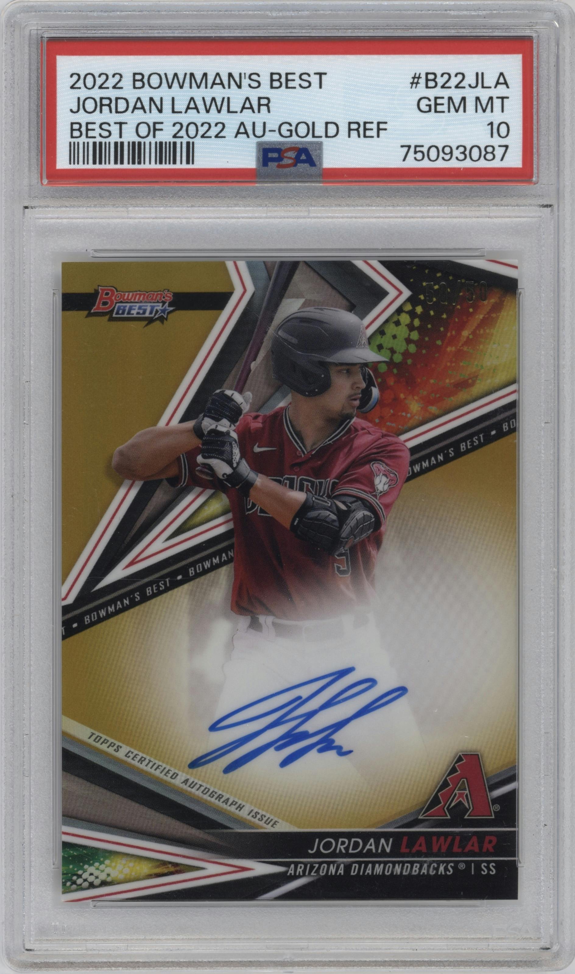 Jordan Lawlar from the 2022 Bowman’s Best   set featuring a Gold Refractor parallel graded by PSA and given an overall grade of 10.