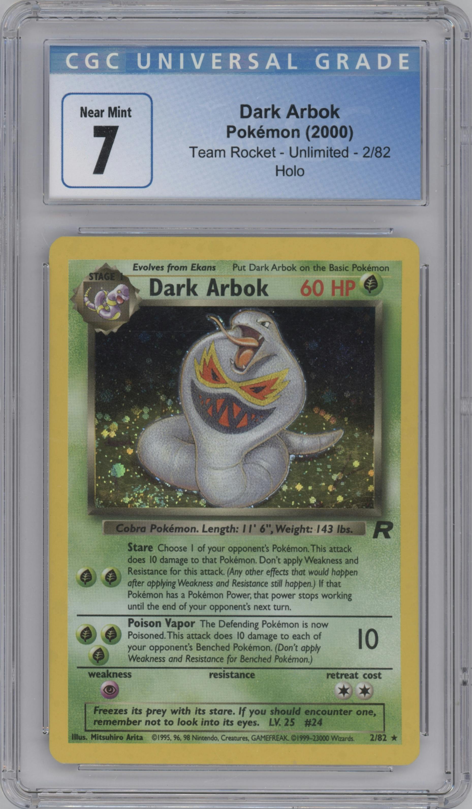 Dark Arbok from the 2000 Pokemon set graded by CSG and given an overall grade of 7.
