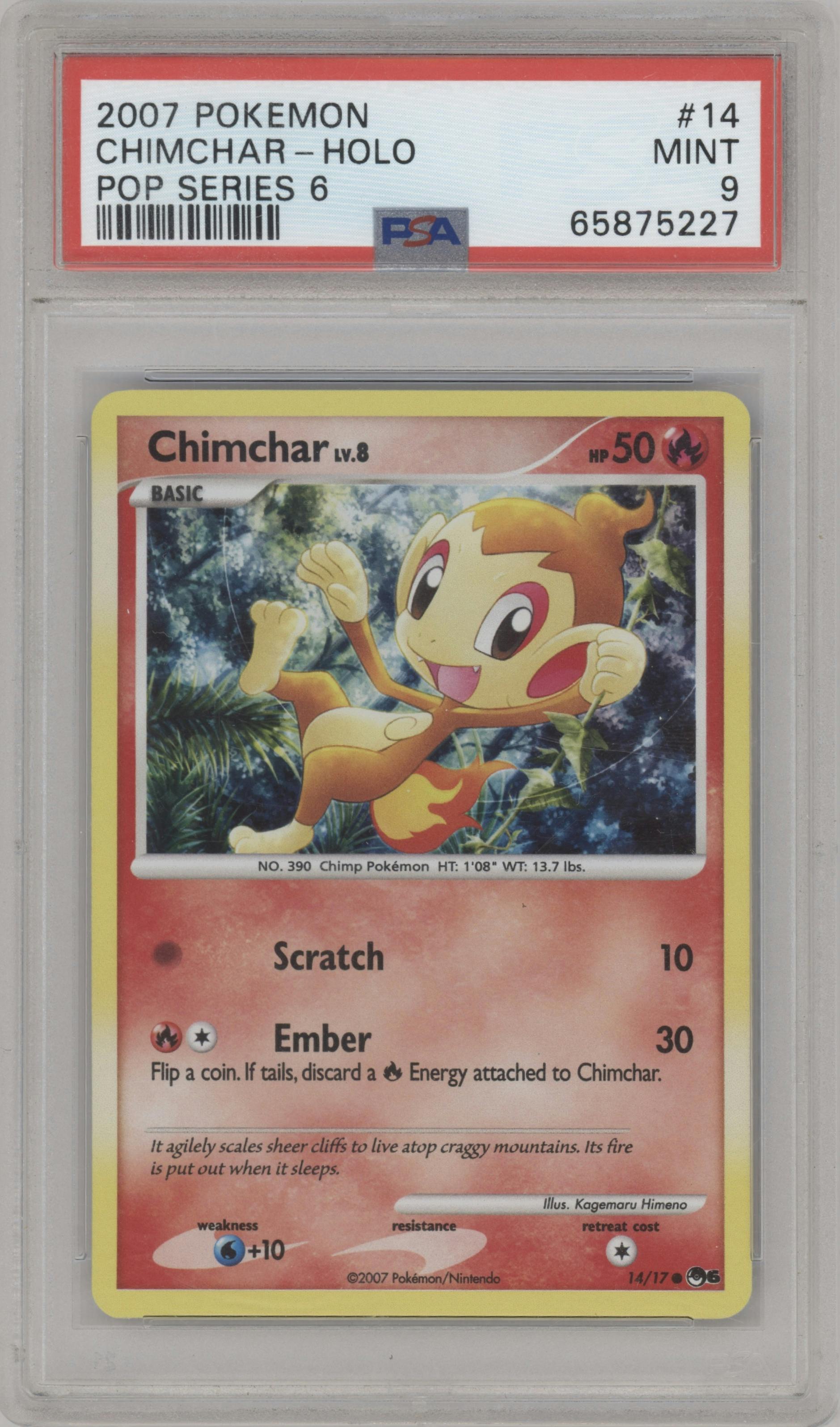 Chimchar from the 2007 Pokemon set graded by PSA and given an overall grade of 9.