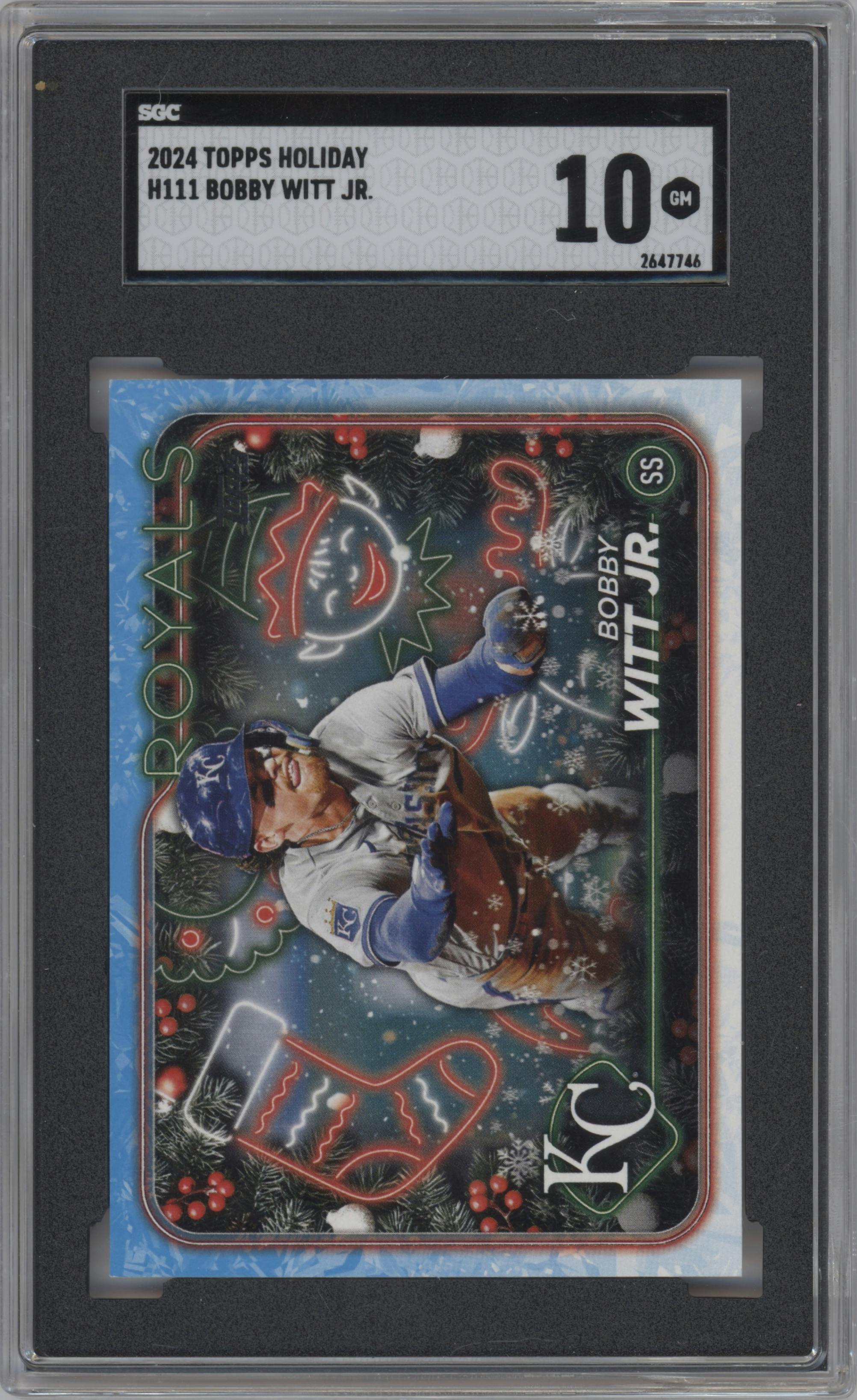 Bobby Witt Jr. from the 2024 Topps Holiday set graded by SGC and given an overall grade of 10.