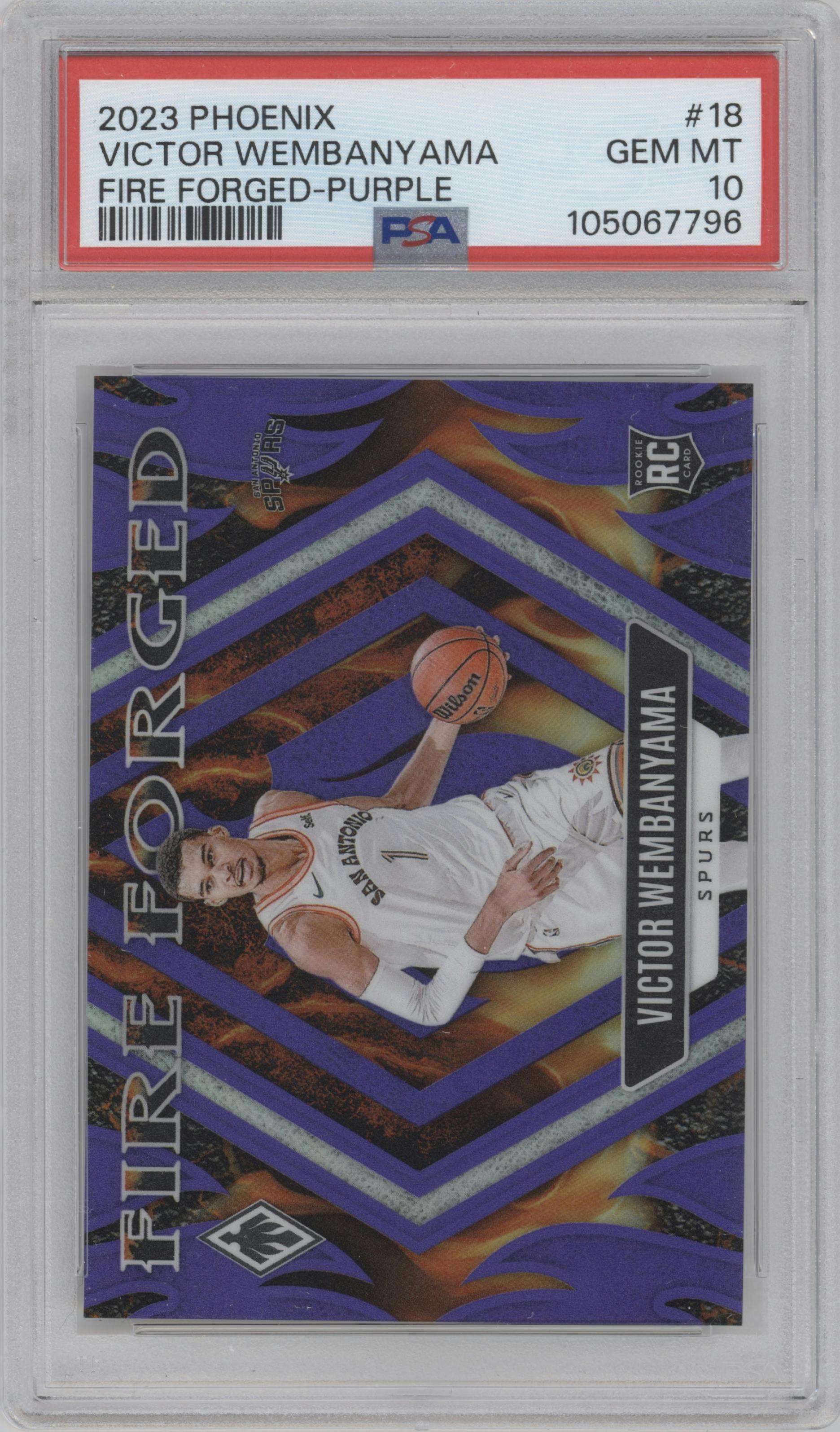 Victor Wembanyama from the 2023-24 Panini Phoenix set featuring a Purple parallel graded by PSA and given an overall grade of 10.