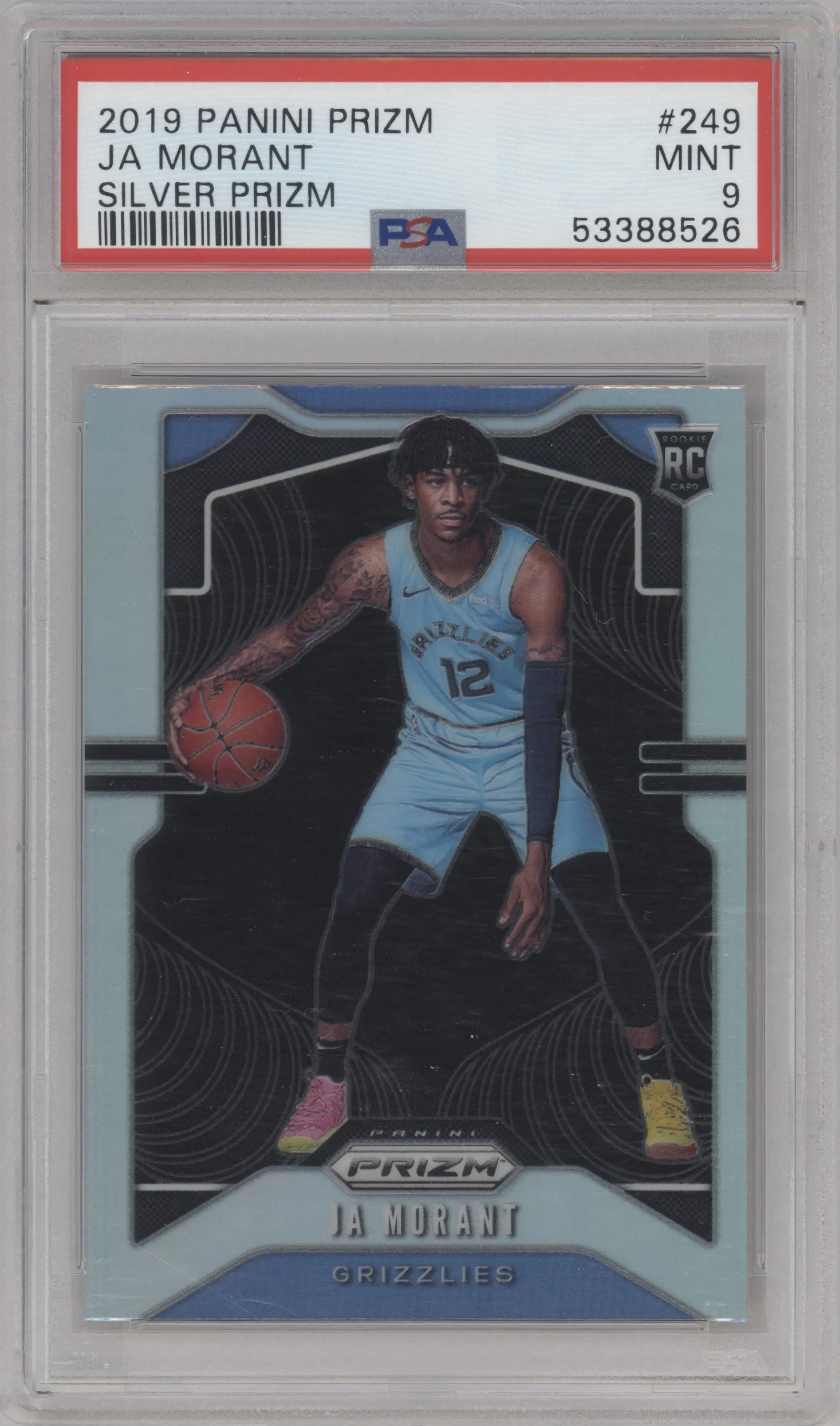 Ja Morant from the 2019-20 Panini Prizm set featuring a Silver Prizm parallel graded by PSA and given an overall grade of 9.