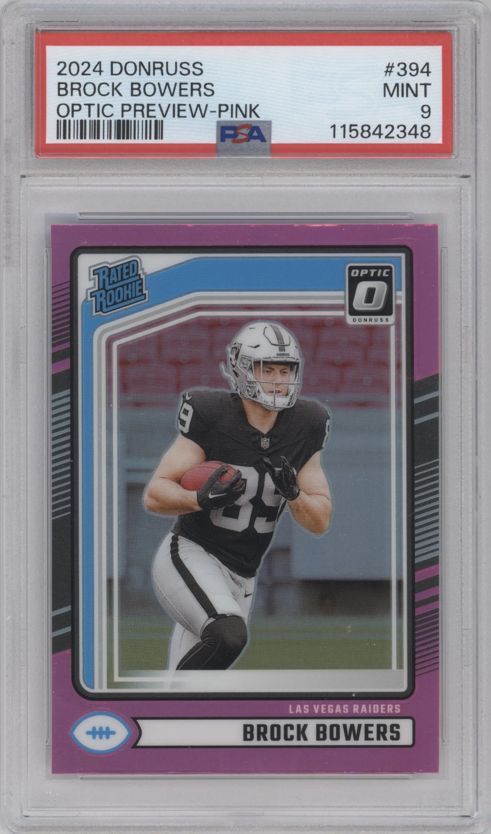 Brock Bowers from the 2024 Donruss set featuring a Pink parallel graded by PSA and given an overall grade of 9.