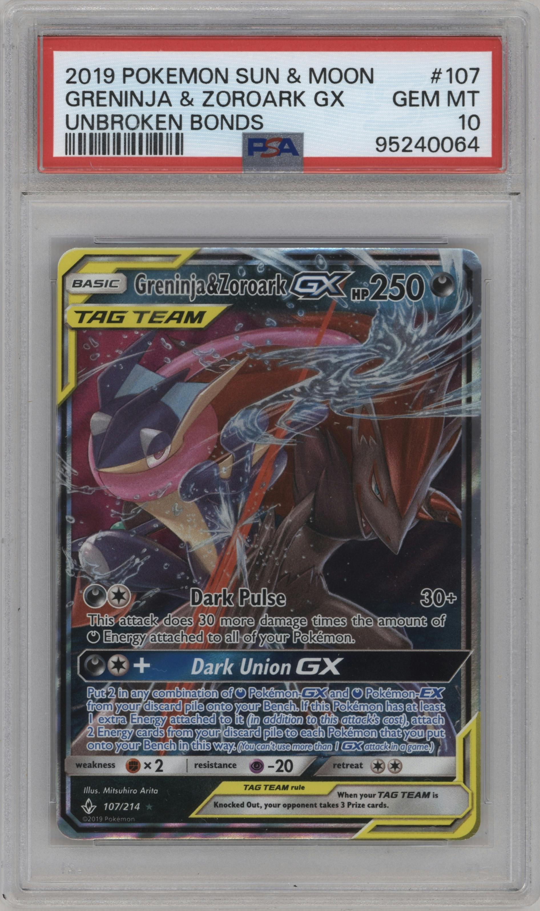 Greninja/Zoroark GX from the 2019 Pokemon S&M  set graded by PSA and given an overall grade of 10.