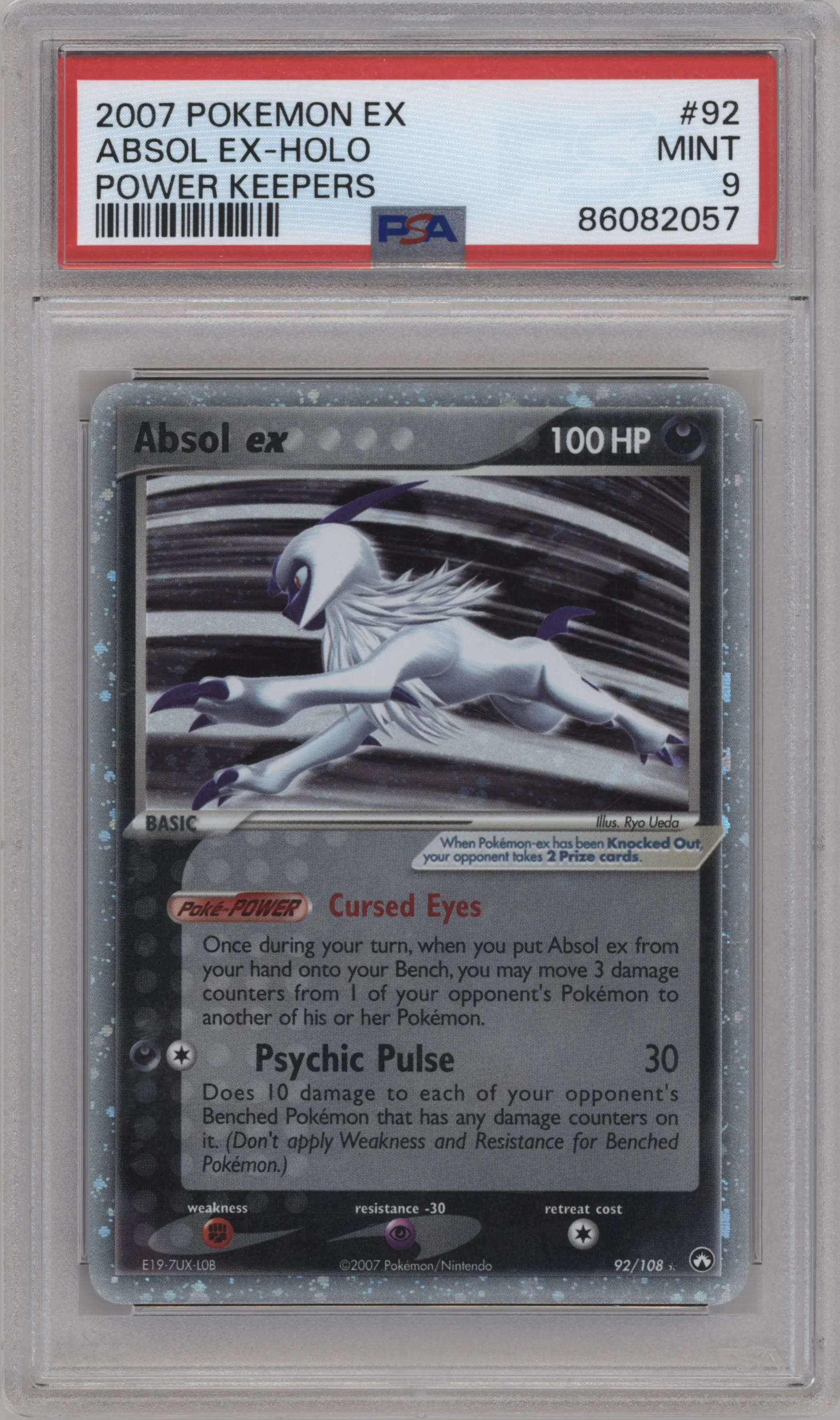 Absol ex from the 2007 Pokemon EX set graded by PSA and given an overall grade of 9.