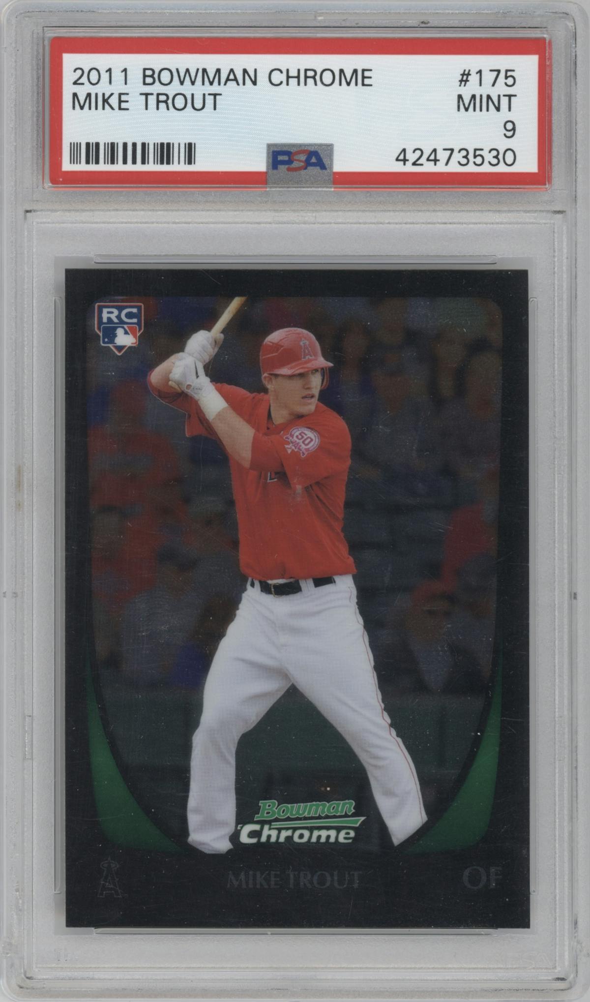 Mike Trout from the 2011 Bowman Chrome set graded by PSA and given an overall grade of 9.