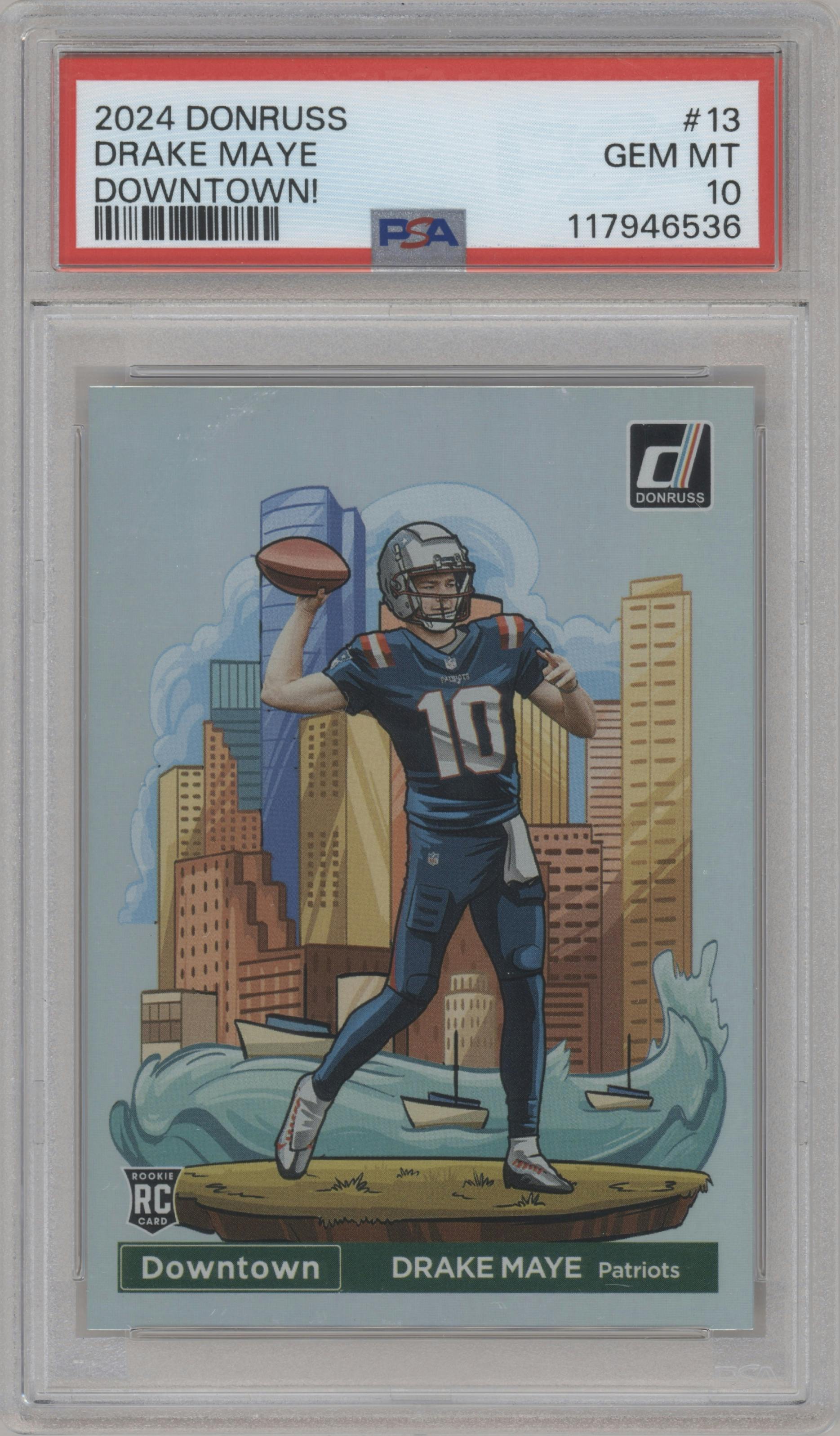 Drake Maye from the 2024 Donruss set graded by PSA and given an overall grade of 10.