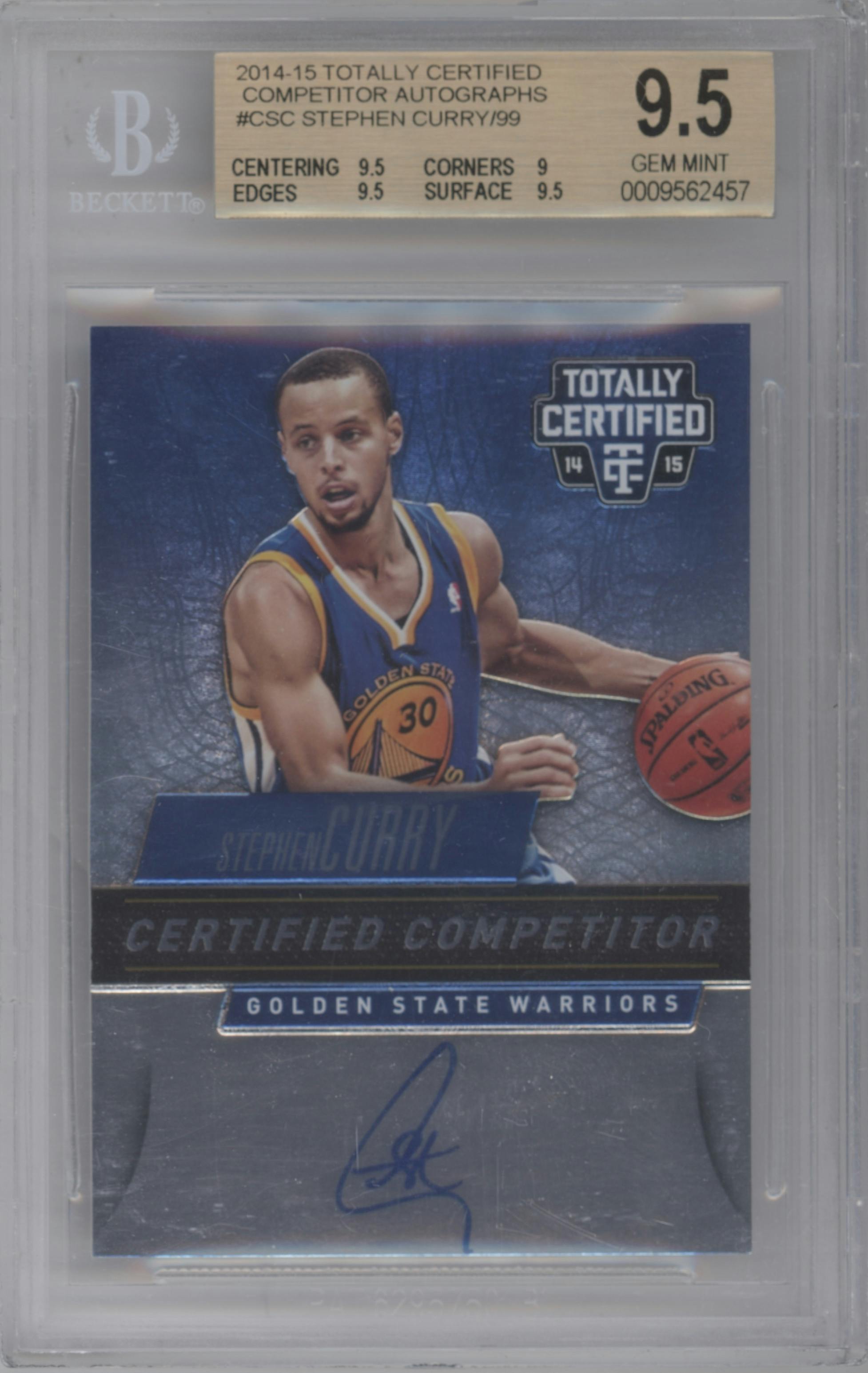 Stephen Curry from the 2014-15 Panini Totally Certified set graded by Beckett and given an overall grade of 9.5.