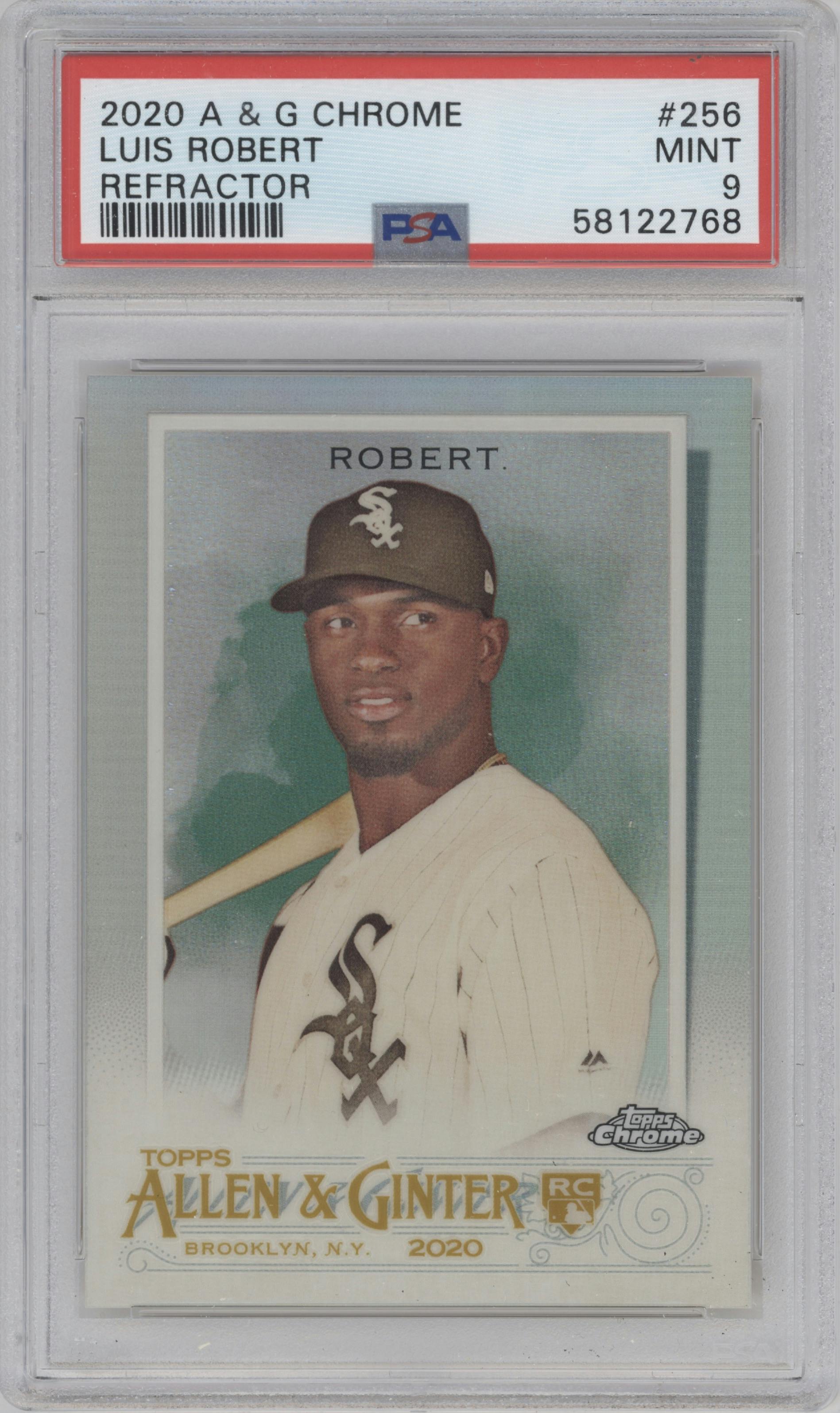 Luis Robert from the 2020 Topps Allen & Ginter Chrome set featuring a Refractor parallel graded by PSA and given an overall grade of 9.