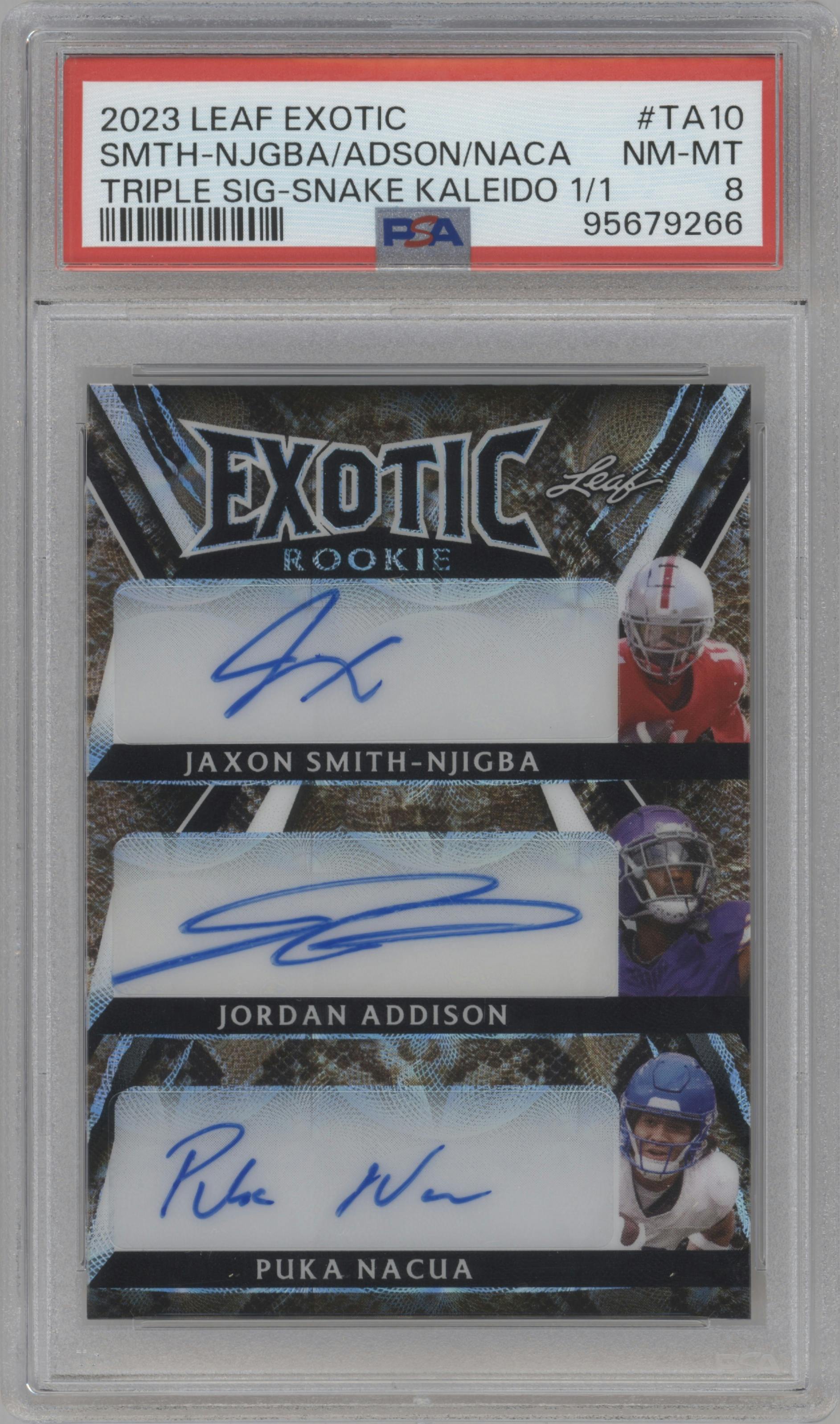 Jaxon Smith-Njigba/Jordan Addison/Puka Nacua from the 2023 Leaf Exotic set featuring a Kaleidoscope Snake parallel graded by PSA and given an overall grade of 8.