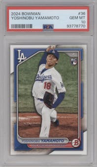 Yoshinobu Yamamoto from the 2024 Bowman set graded by PSA and given an overall grade of 10.
