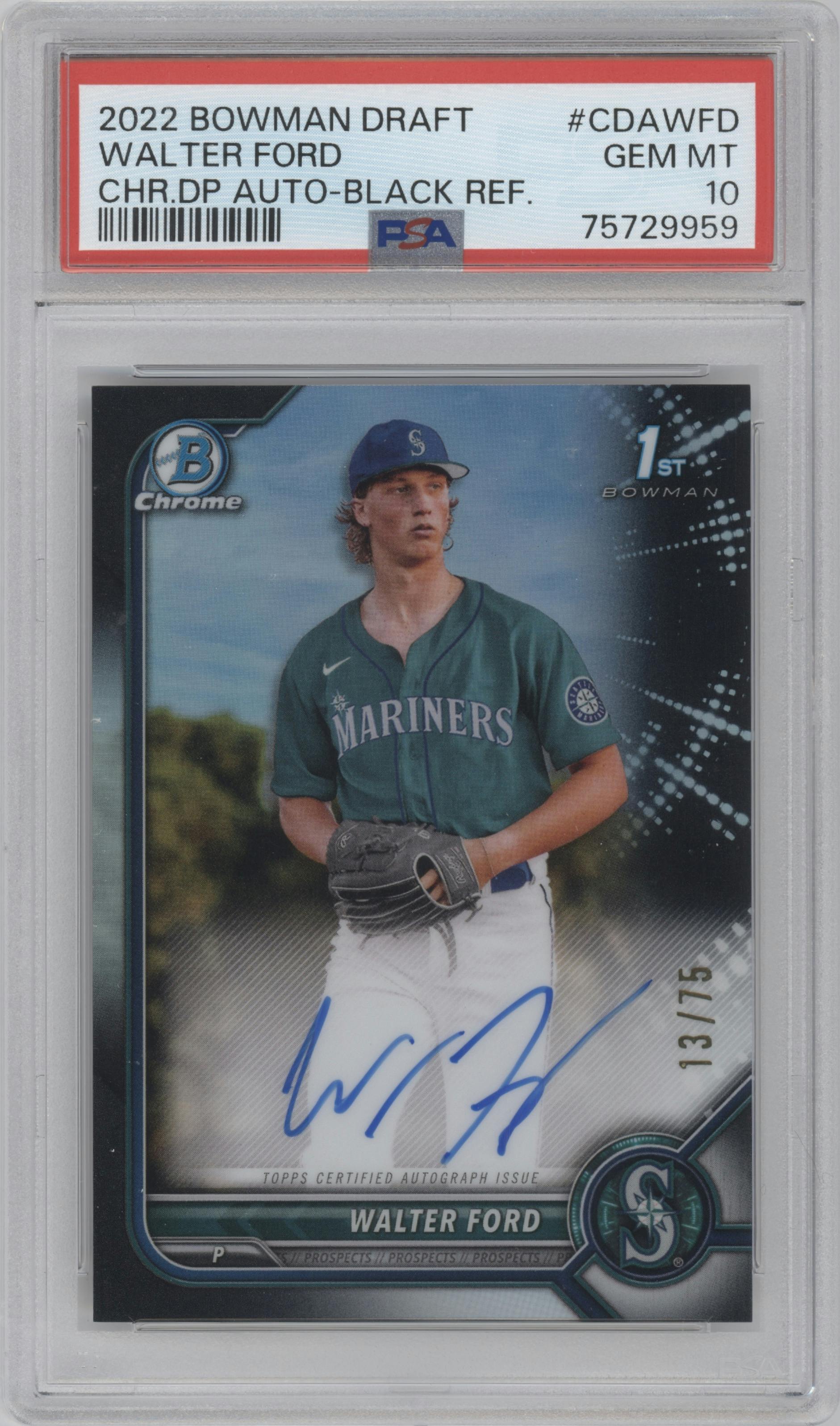 Walter Ford from the 2022 Bowman Draft set featuring a Black Refractor parallel graded by PSA and given an overall grade of 10.