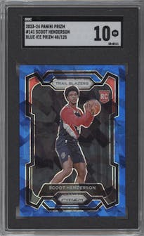 Scoot Henderson from the 2023-24 Panini Prizm set featuring a Blue Ice parallel graded by SGC and given an overall grade of 10.