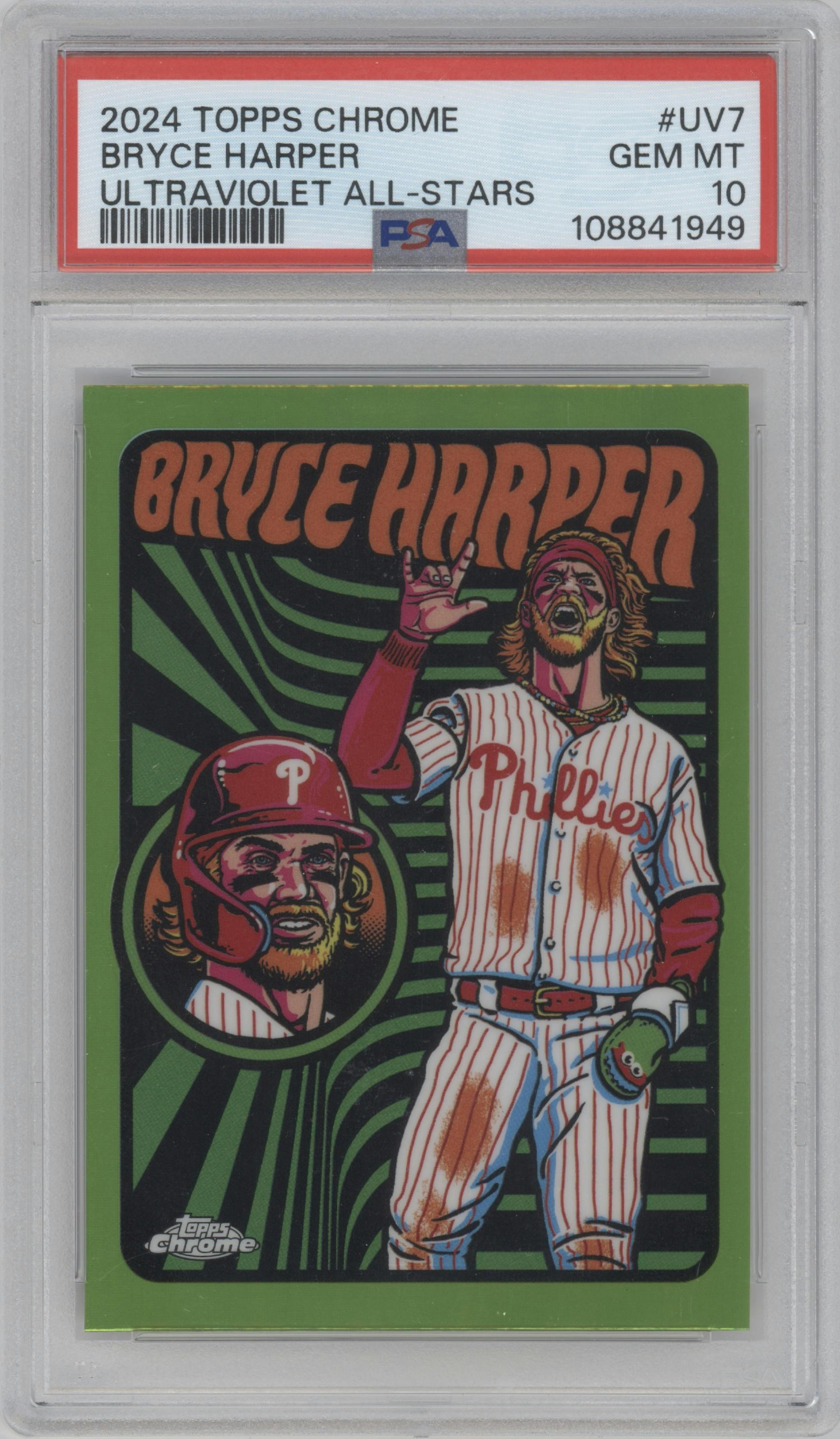 Bryce Harper from the 2024 Topps Chrome set graded by PSA and given an overall grade of 10.