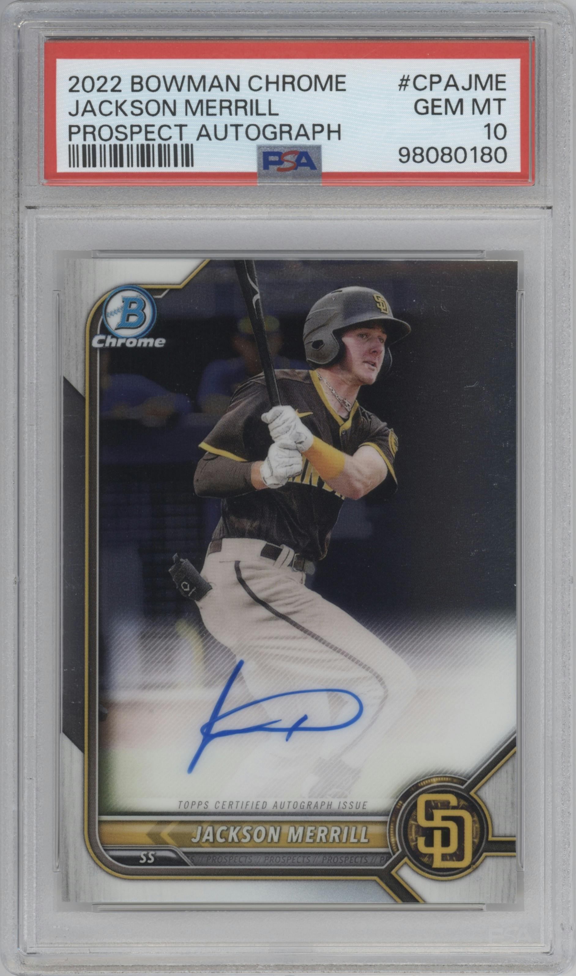 Jackson Merrill from the 2022 Bowman Chrome set graded by PSA and given an overall grade of 10.