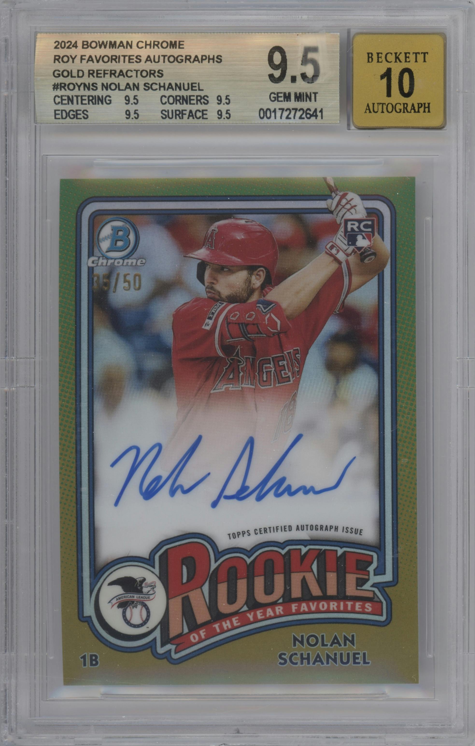 Nolan Schanuel  from the 2024 Bowman set featuring a Gold Refractor parallel graded by Beckett and given an overall grade of 9.5.