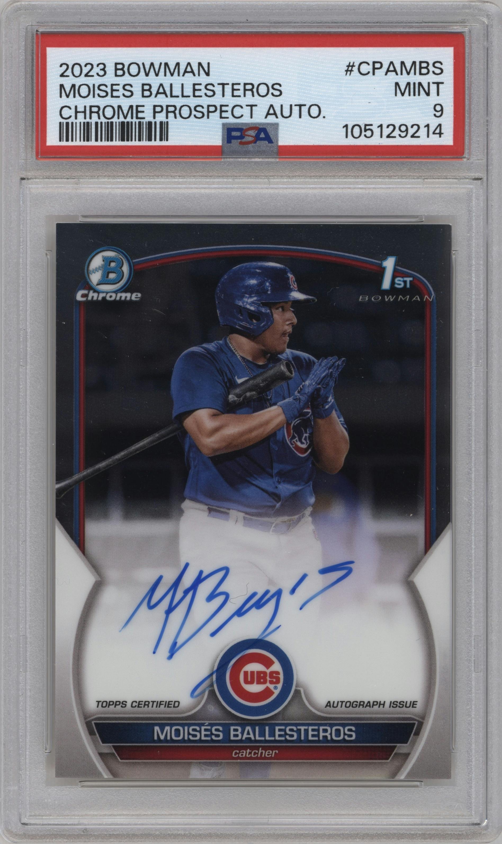 Moises Ballesteros from the 2023 Bowman  set graded by PSA and given an overall grade of 9.