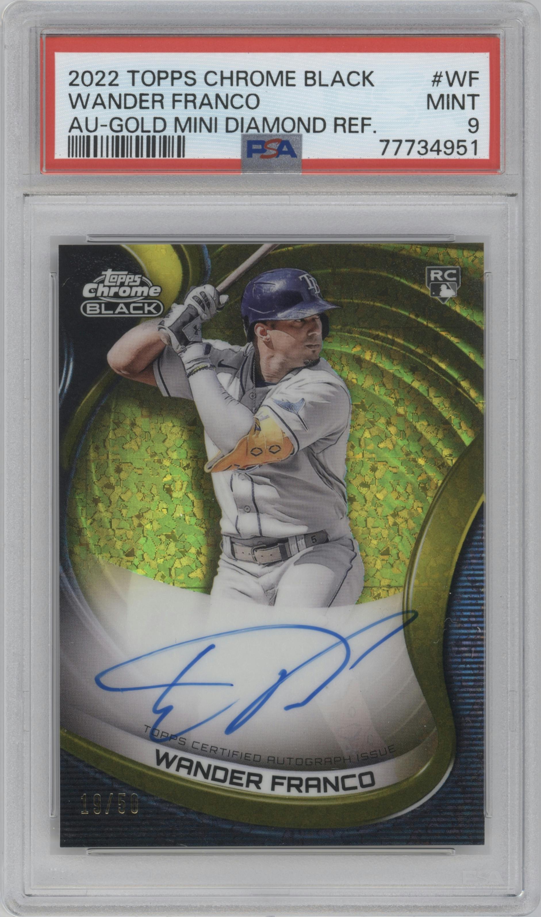 Wander Franco from the 2022 Topps Chrome Black set featuring a Gold Mini-Diamond Refractor parallel graded by PSA and given an overall grade of 9.