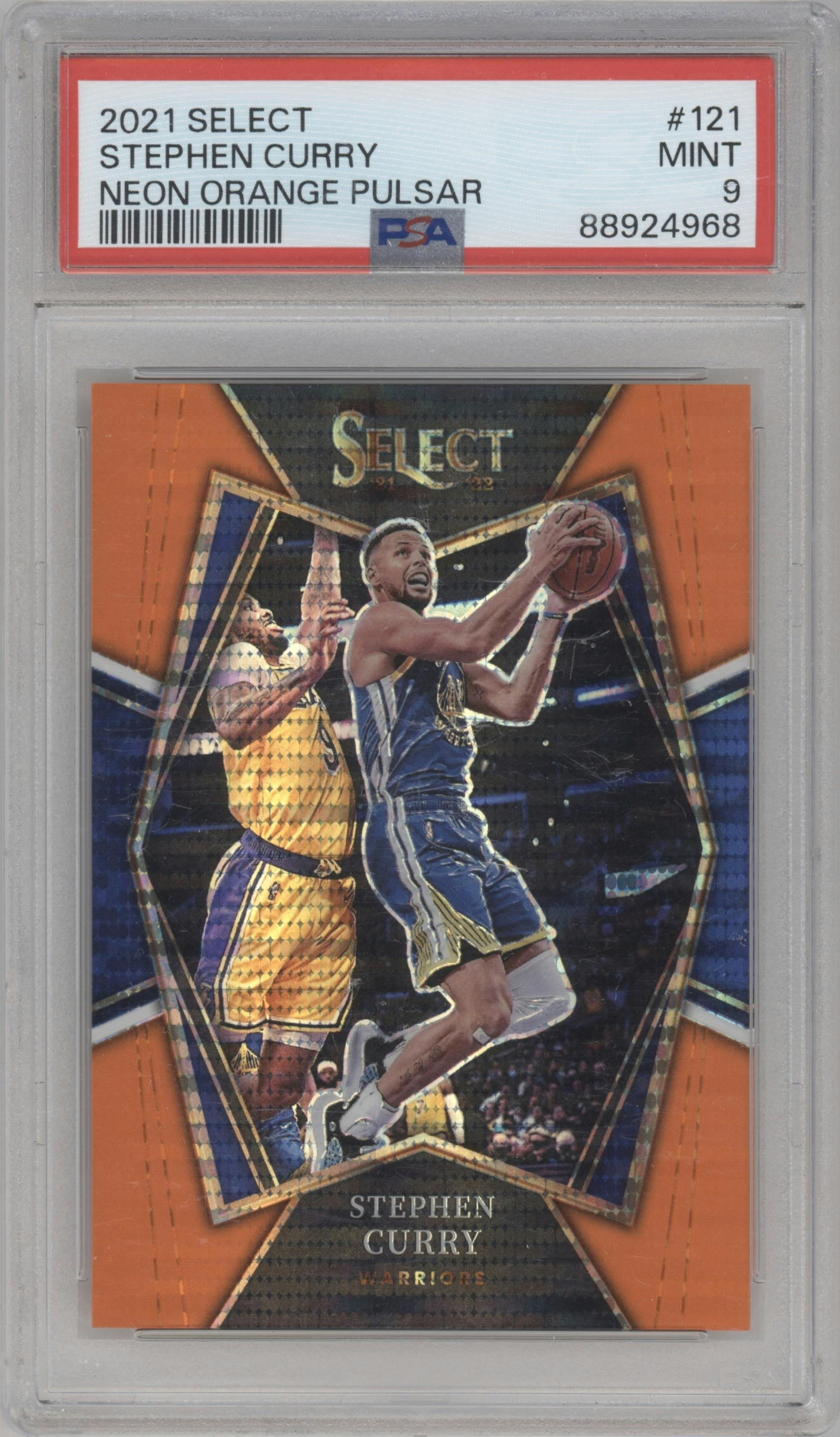 Stephen Curry from the 2021-22 Panini Select set featuring a Neon Orange Pulsar Prizm parallel graded by PSA and given an overall grade of 9.