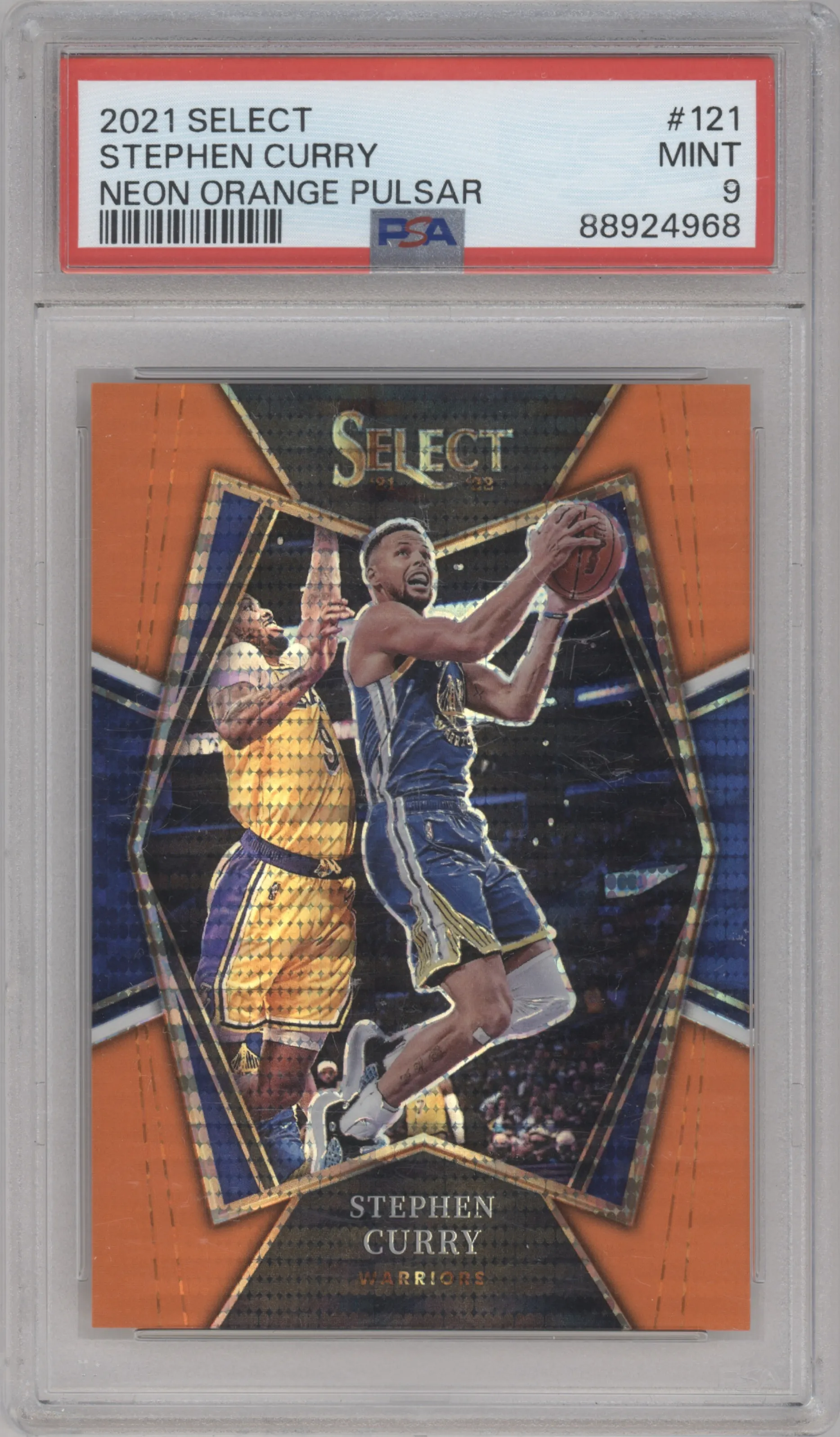 2021 Panini Select Pre.Lvl. Stephen Curry Neon Orange Pulsar Prizm #121 PSA 9