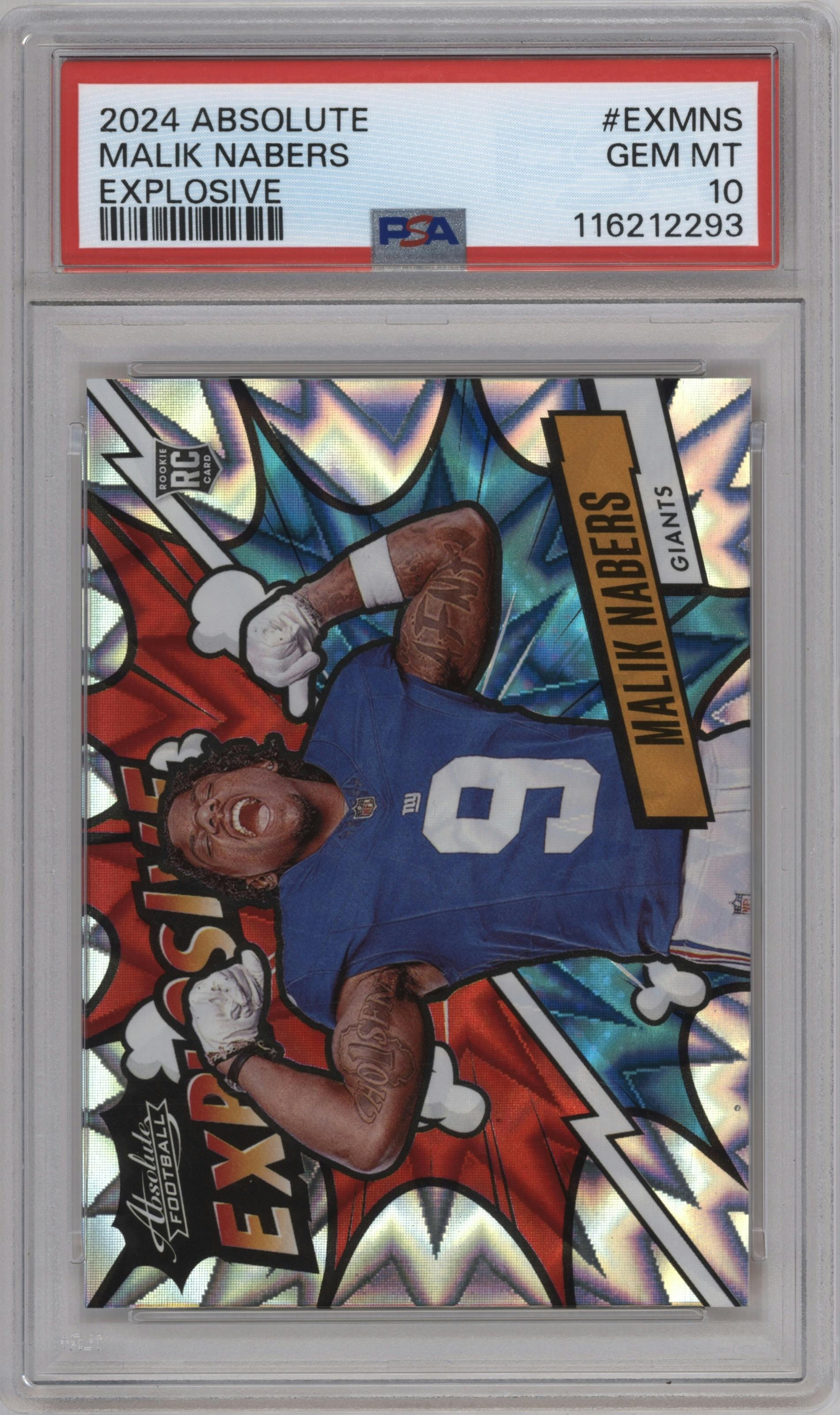 Malik Nabers from the 2024 Panini Absolute set graded by PSA and given an overall grade of 10.
