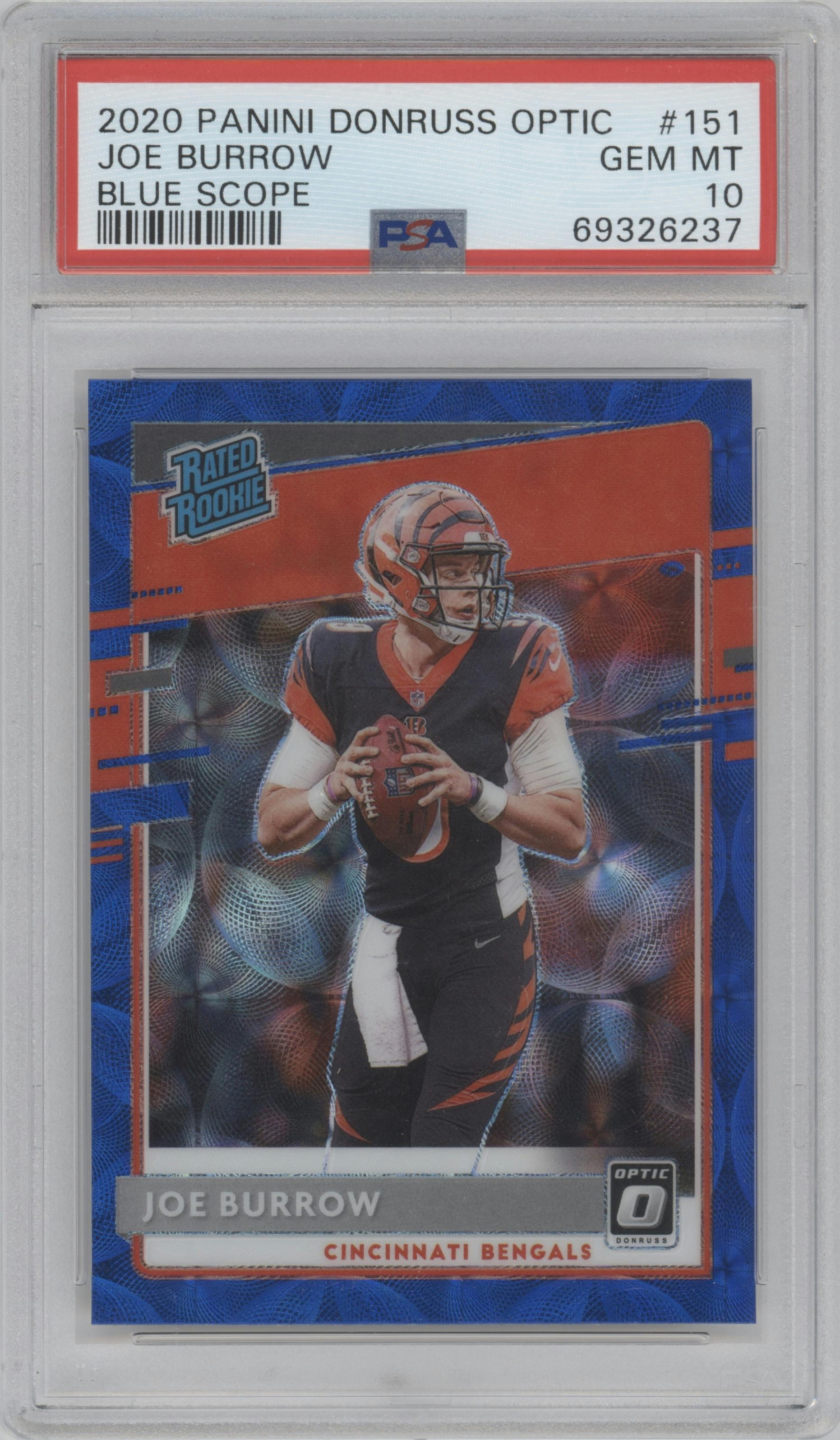 Joe Burrow from the 2020 Panini Donruss Optic set featuring a Blue Scope parallel graded by PSA and given an overall grade of 10.