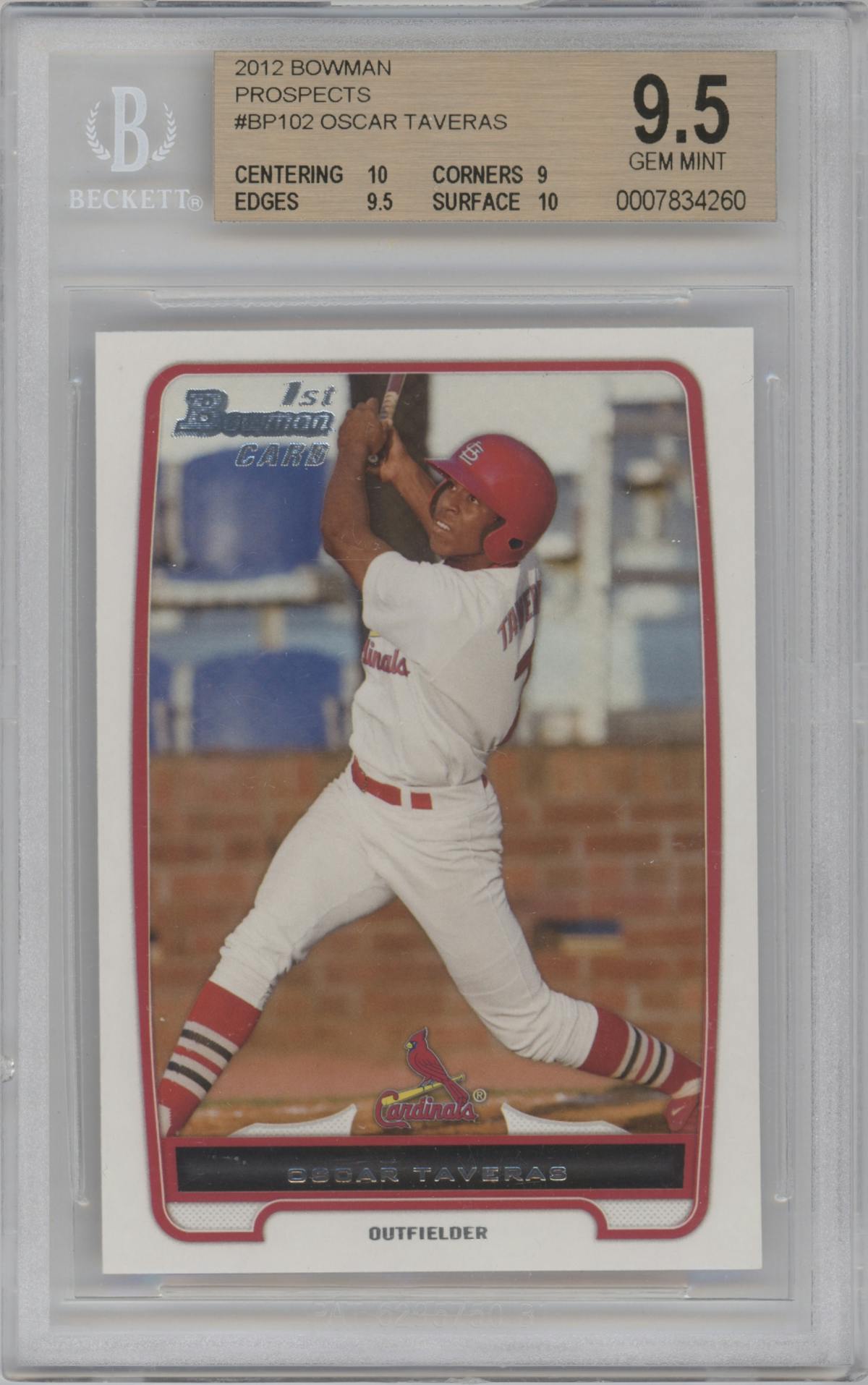 Oscar Taveras from the 2012 Bowman set graded by Beckett and given an overall grade of 9.5.