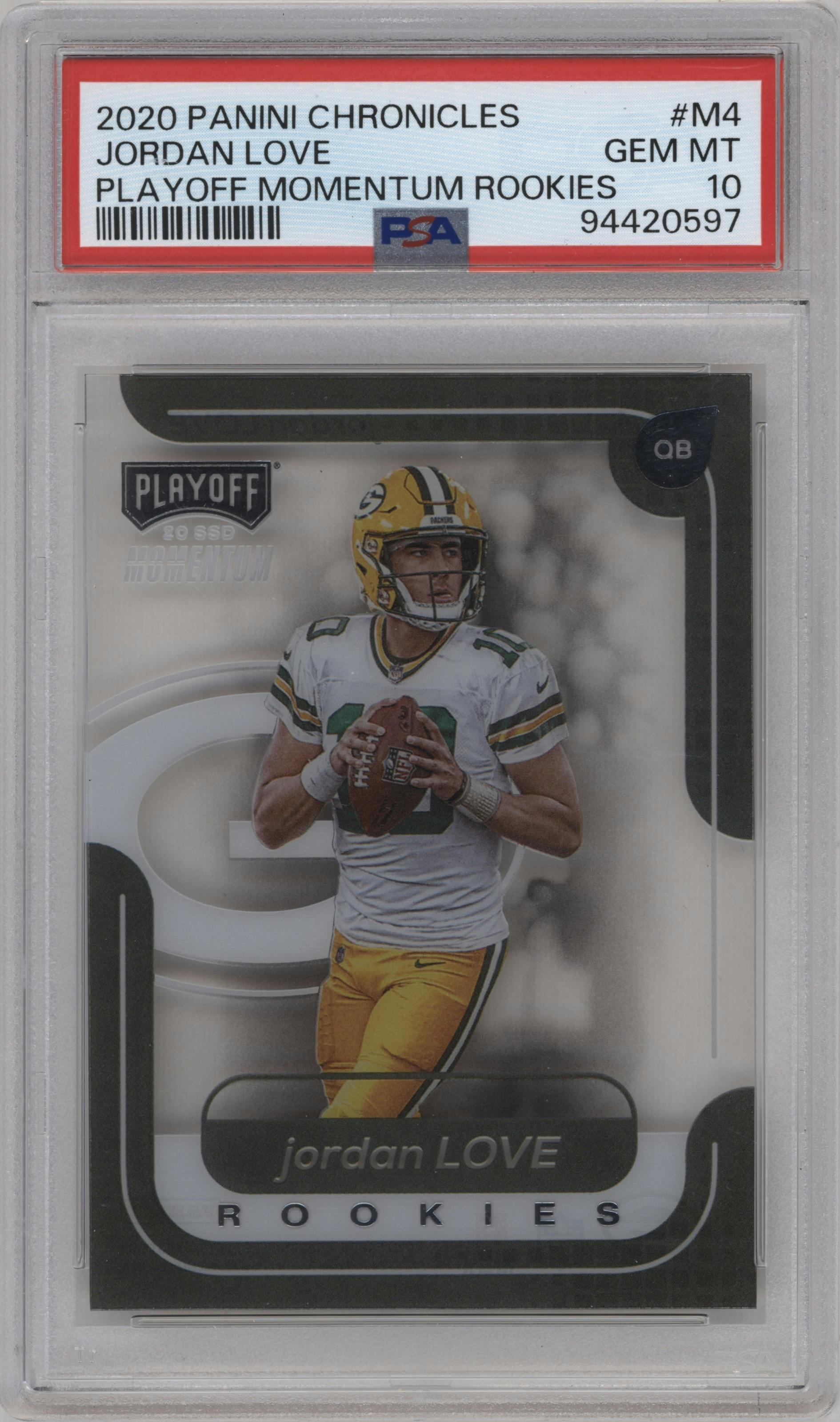Jordan Love from the 2020 Panini Chronicles set graded by PSA and given an overall grade of 10.