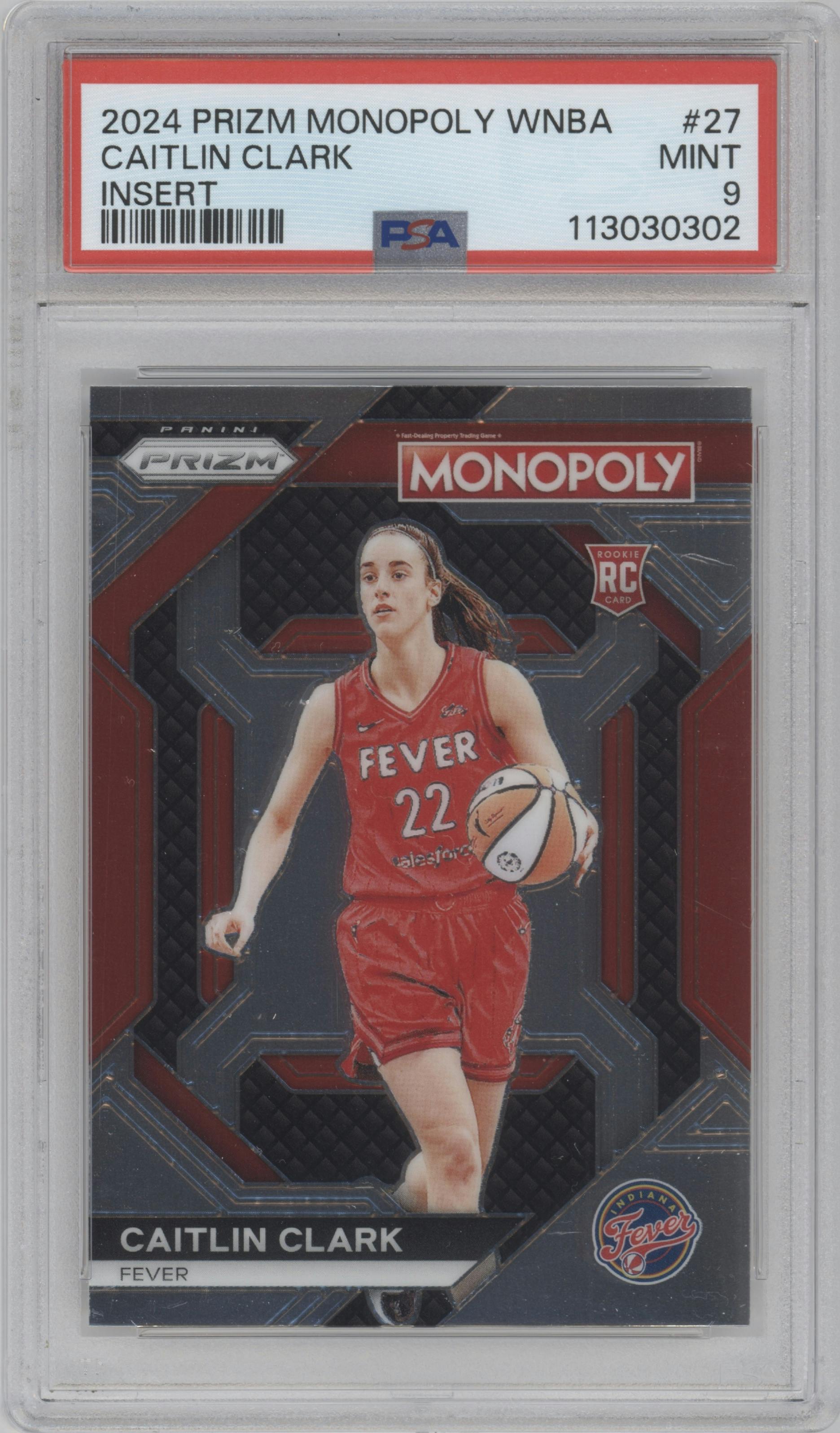 Caitlin Clark from the 2024 Panini Prizm Monopoly WNBA set graded by PSA and given an overall grade of 9.