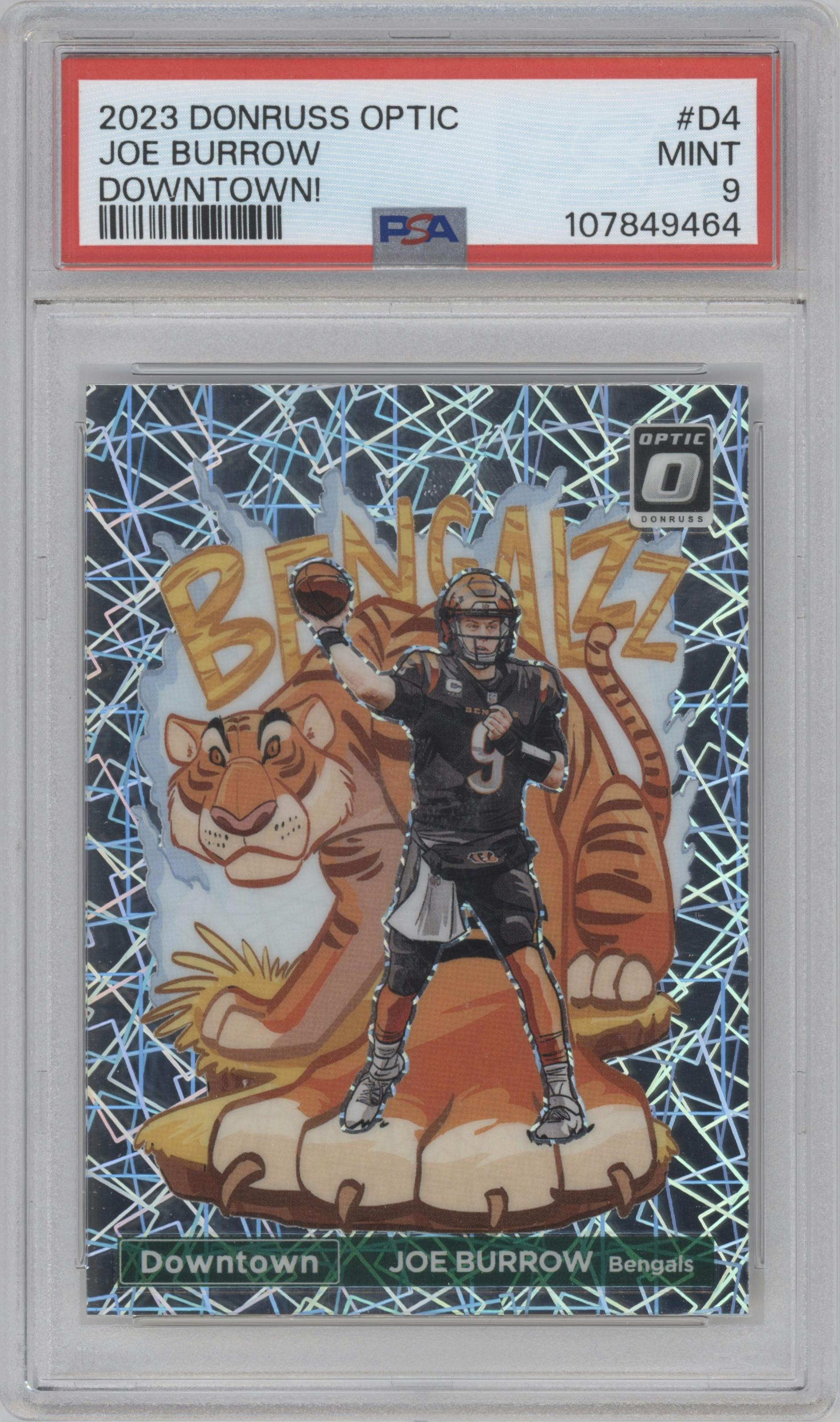 Joe Burrow from the 2023 Donruss Optic set graded by PSA and given an overall grade of 9.