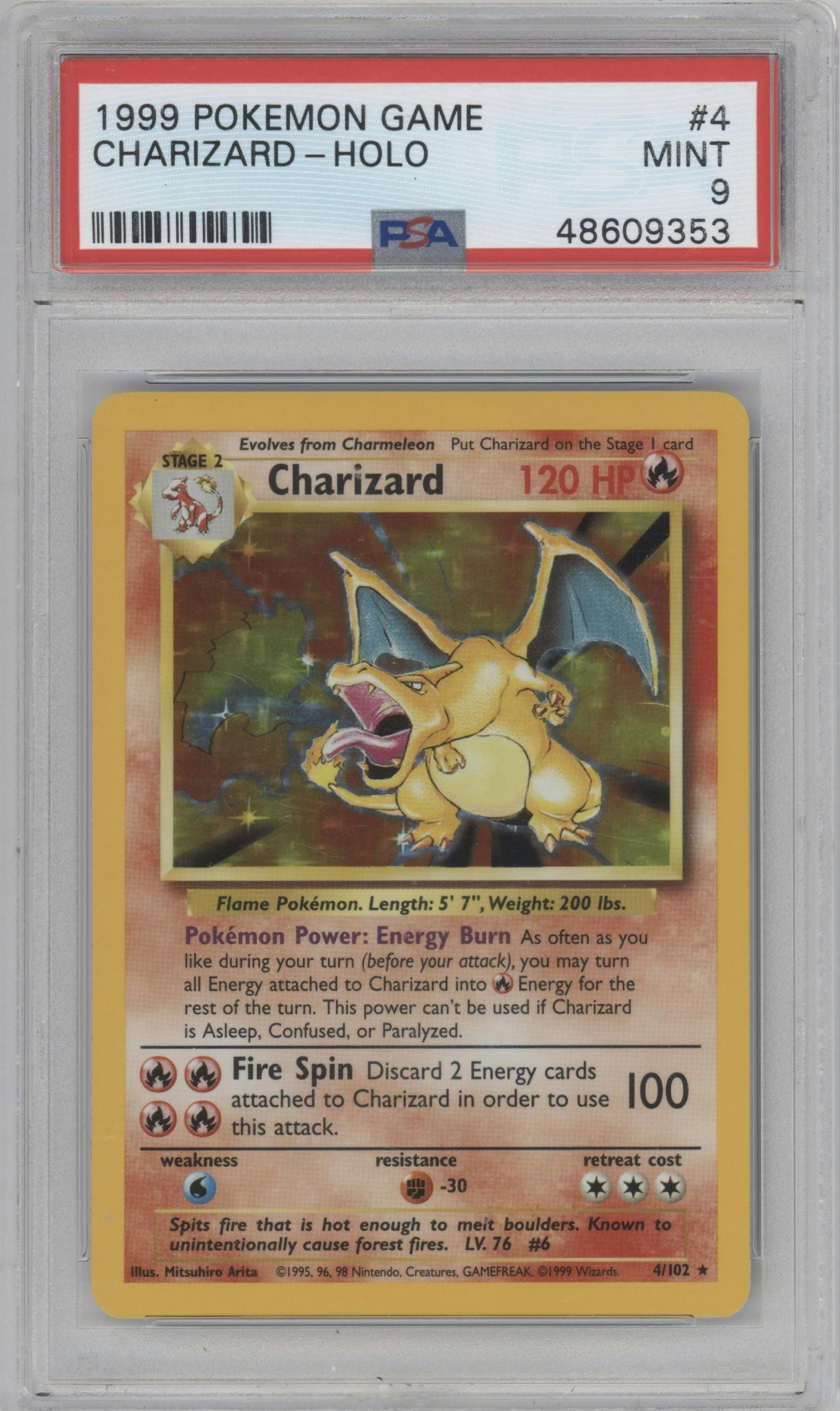 Charizard from the 1999 Pokemon set graded by PSA and given an overall grade of 9.