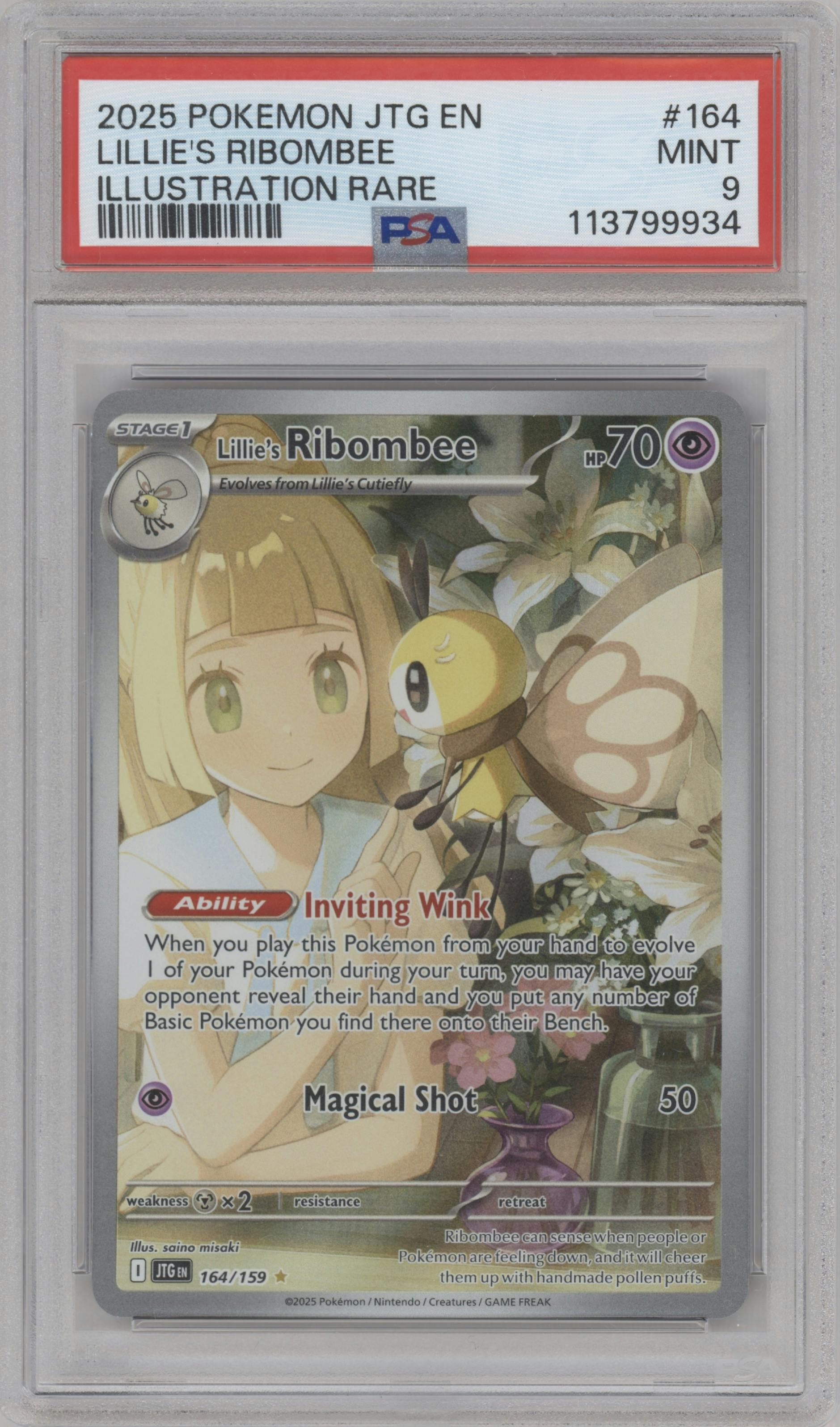 Lillie's Ribombee from the 2025 Pokemon SV set graded by PSA and given an overall grade of 9.