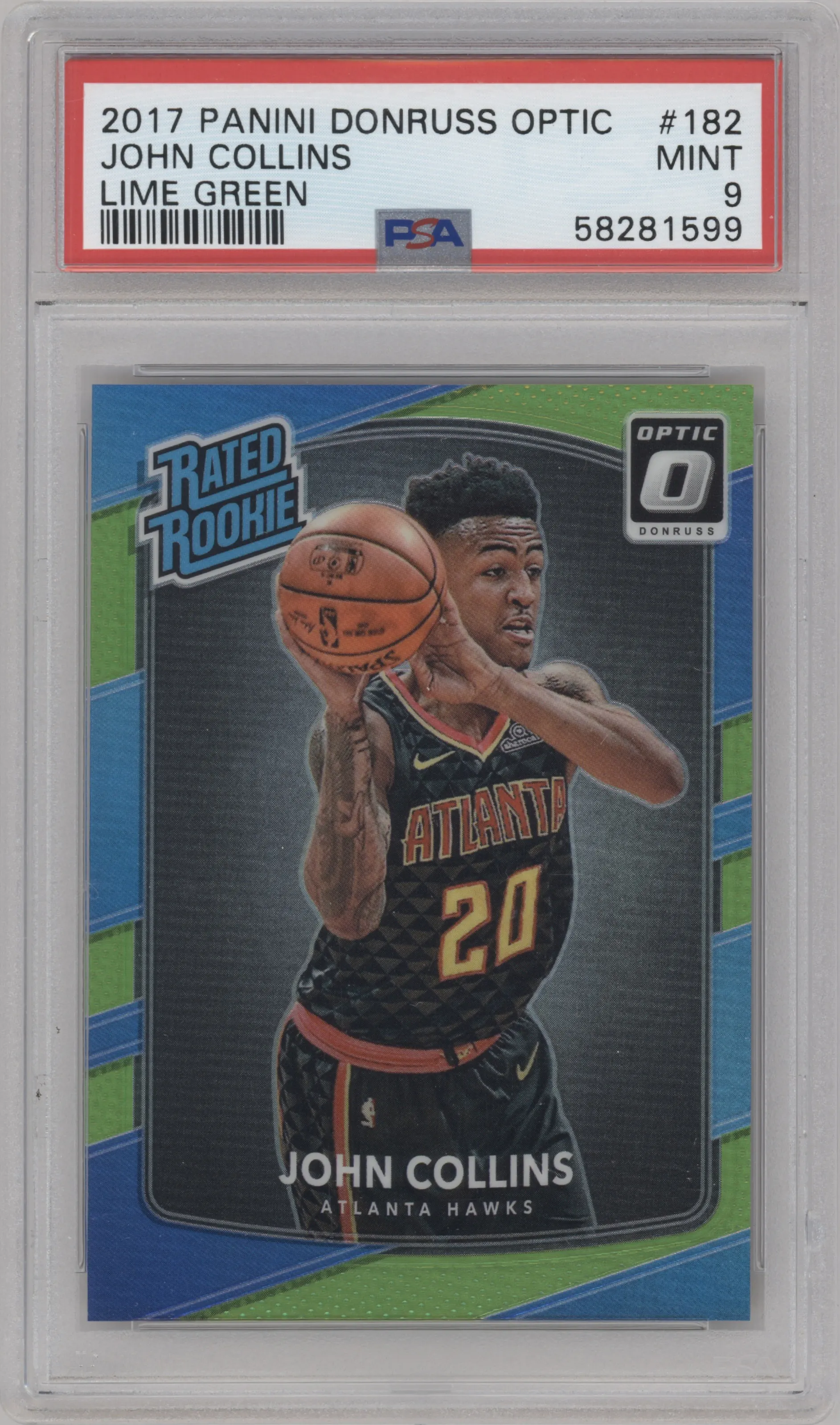 John Collins from the 2017-18 Panini Donruss Optic set featuring a Lime Green parallel graded by PSA and given an overall grade of 9.