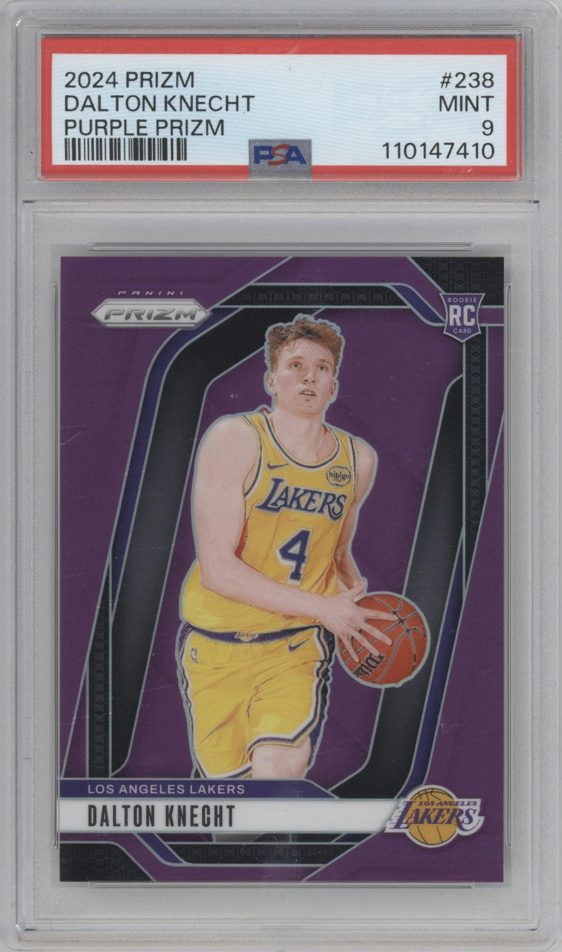 Dalton Knecht  from the 2024-25 Panini Prizm set featuring a Purple Prizm parallel graded by PSA and given an overall grade of 9.