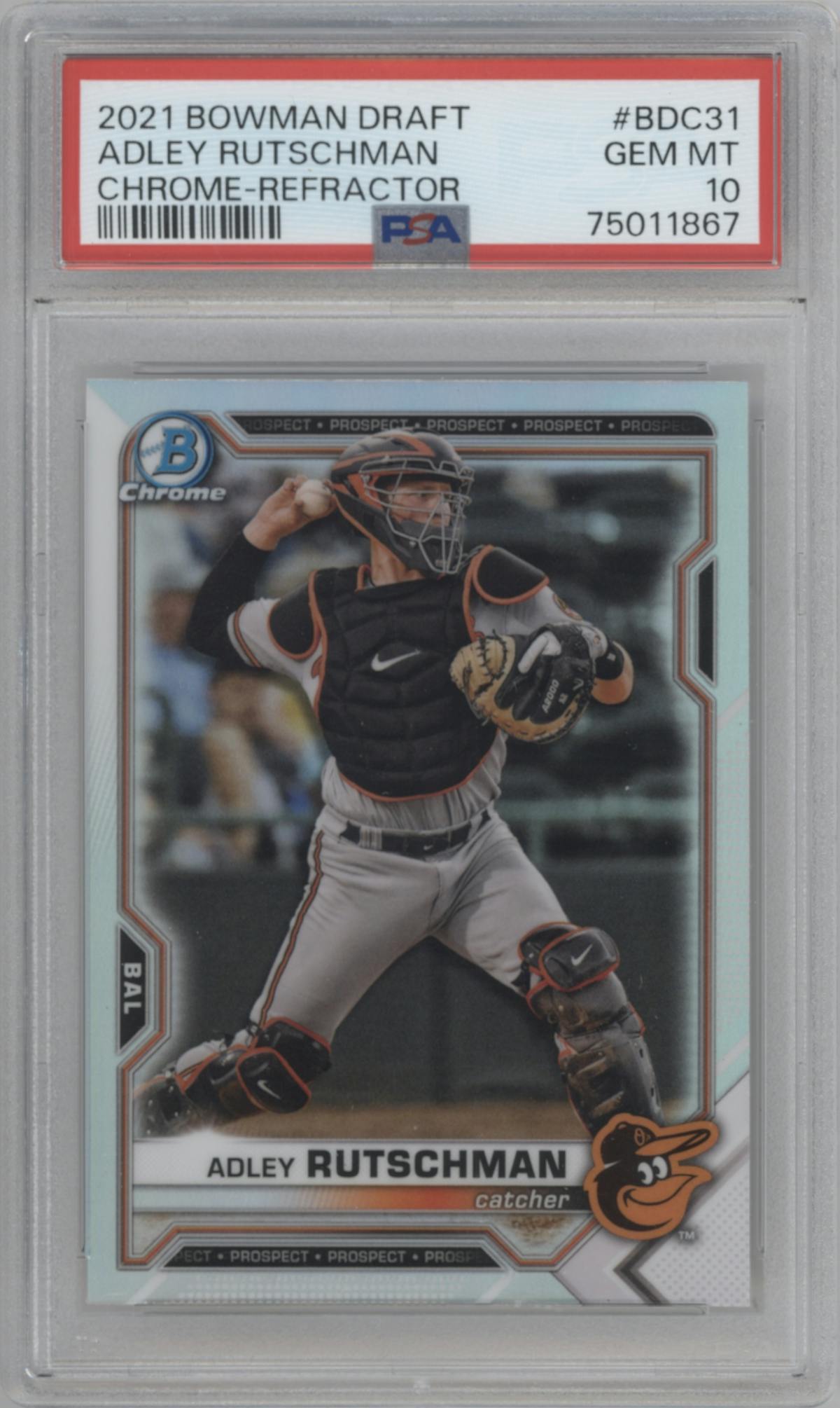 Adley Rutschman from the 2021 Bowman Draft set featuring a Refractor parallel graded by PSA and given an overall grade of 10.
