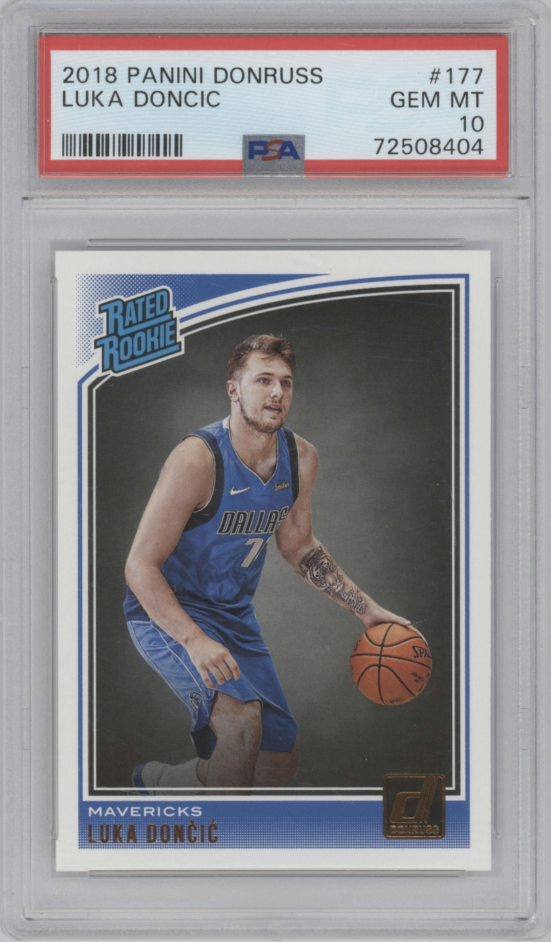 Luka Doncic from the 2018-19 Panini Donruss  set graded by PSA and given an overall grade of 10.