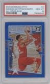 Giannis Antetokounmpo from the 2020-21 Panini Donruss Optic set featuring a Blue parallel graded by PSA and given an overall grade of 10.