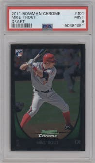 Mike Trout from the 2011 Bowman Chrome Draft set graded by PSA and given an overall grade of 9.